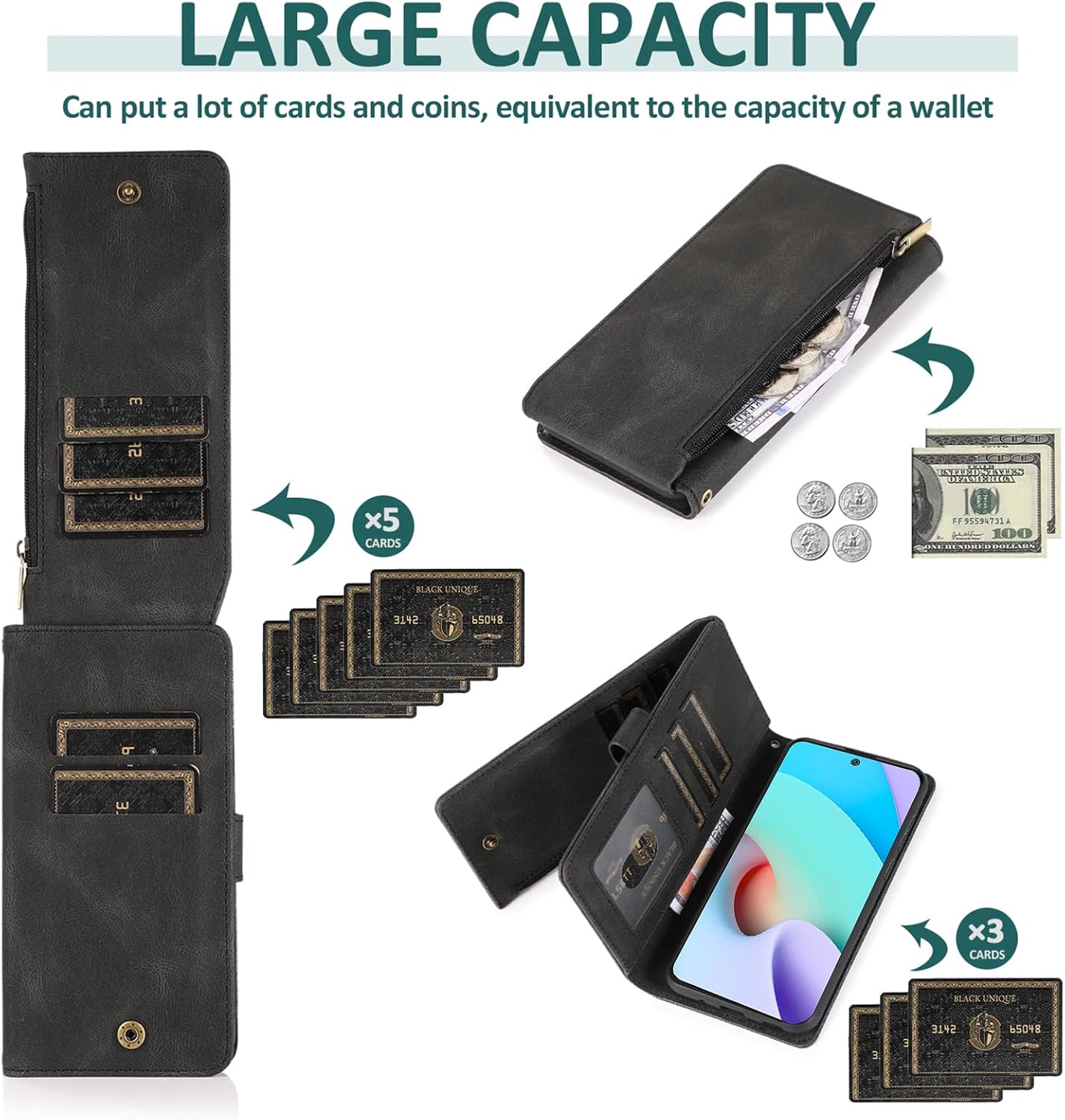 Asuwish Compatible con Xiaomi Redmi 10Redmi10 Prime – Funda tipo cartera de vidrio templado, protector de pantalla con cremallera, funda de cuero