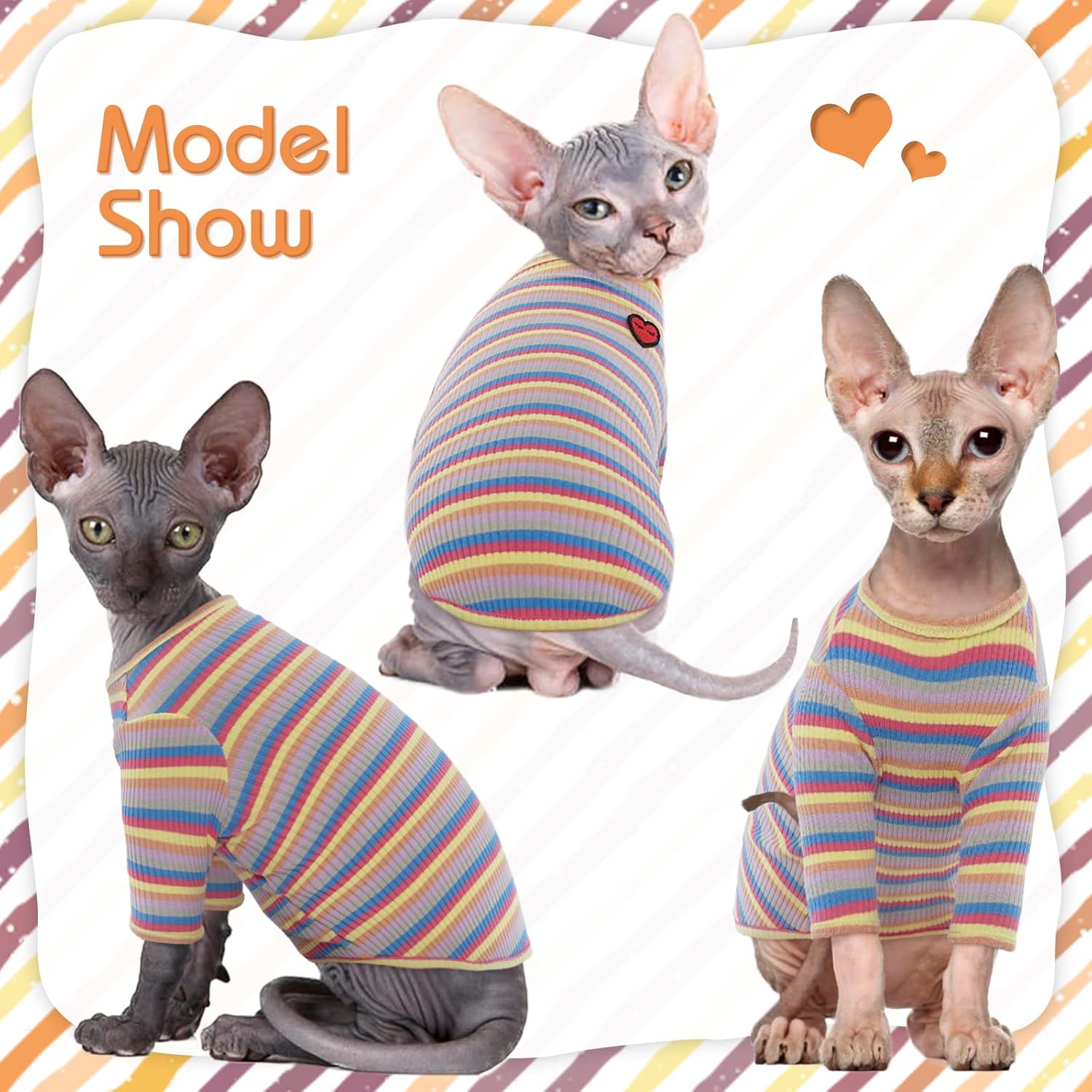 Bonaweite Sphynx Camisa de gatos sin pelo, Cornish Rex Kitten Rainbow Stripe Camisetas con mangas, suéter de cuello alto transpirable para gatos,