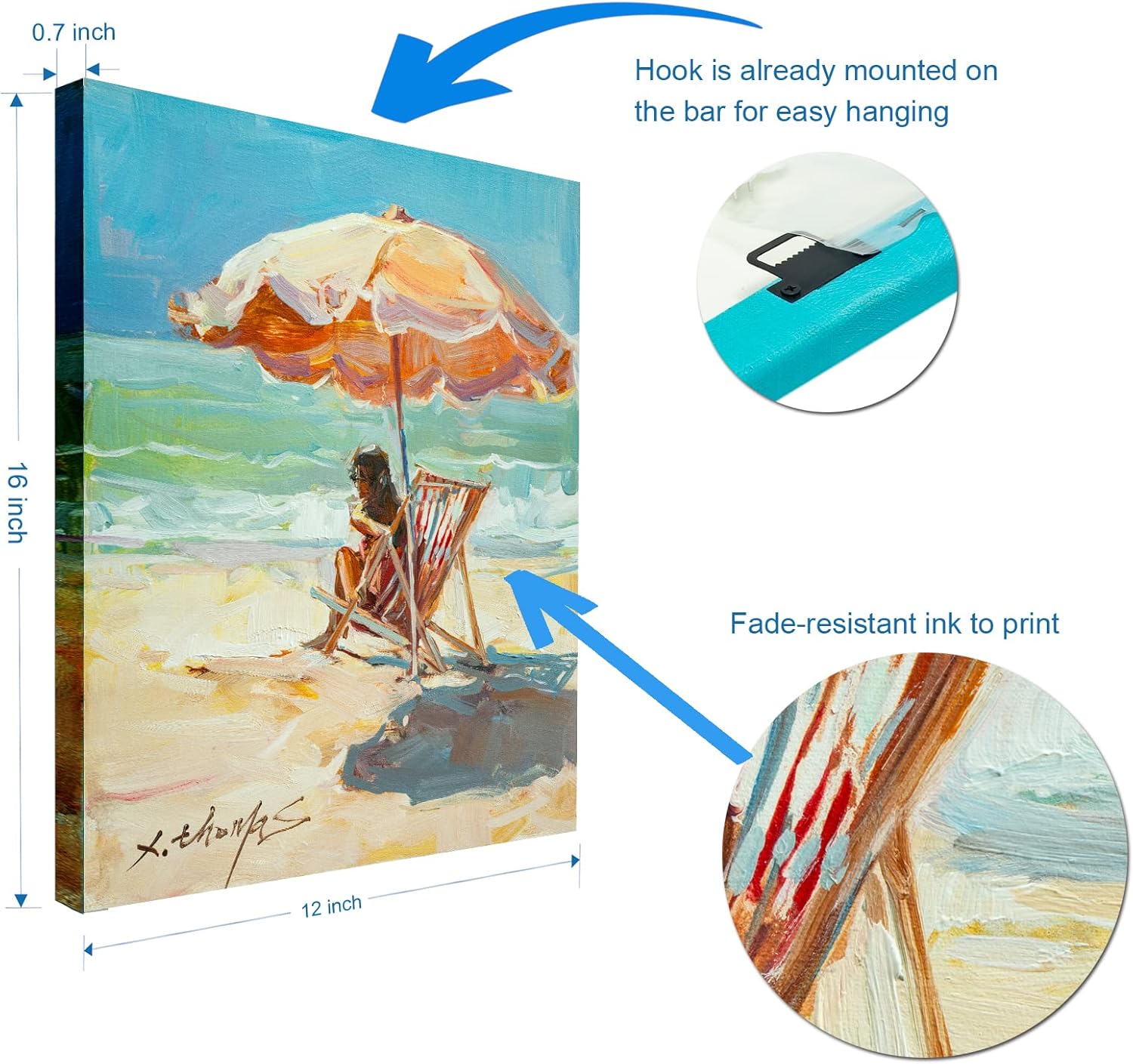 Lienzo decorativo para pared, diseño de mujer en silla bajo un paraguas de playa naranja, imágenes de paisaje marino del océano, ilustraciones para