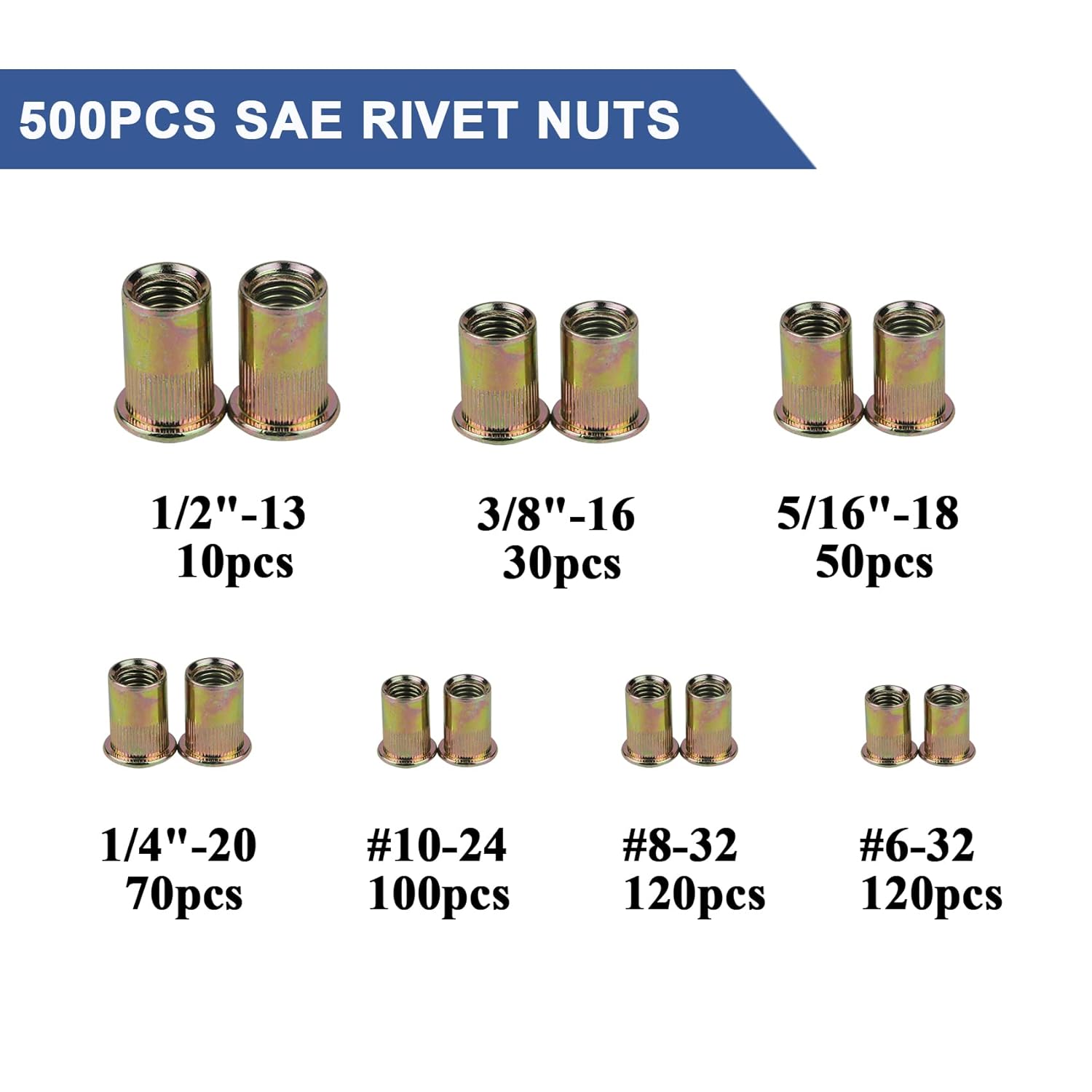 TR TOOLROCK Kit de 500 tuercas remachadoras, SAE UNC Surtido de tuercas remachadoras 6#-32, 8#-32, 10#-24, 14″-20, 516″-18, 38″-16, 12″-13, acabado