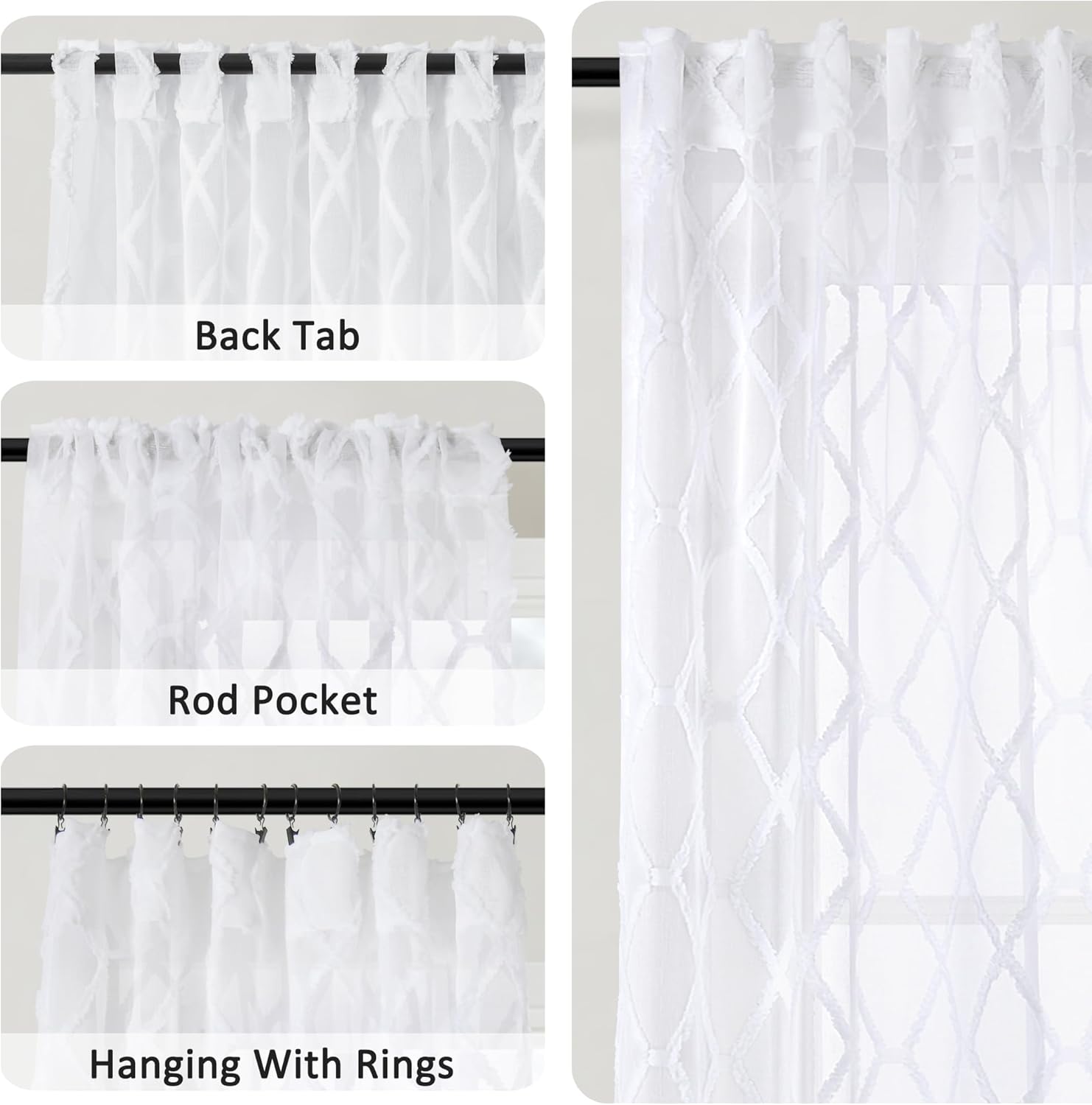 2 paneles de cortinas traslúcidas blancas de 84 pulgadas de largo para sala de estar, pestañas traseras, cortinas traslúcidas texturizadas con