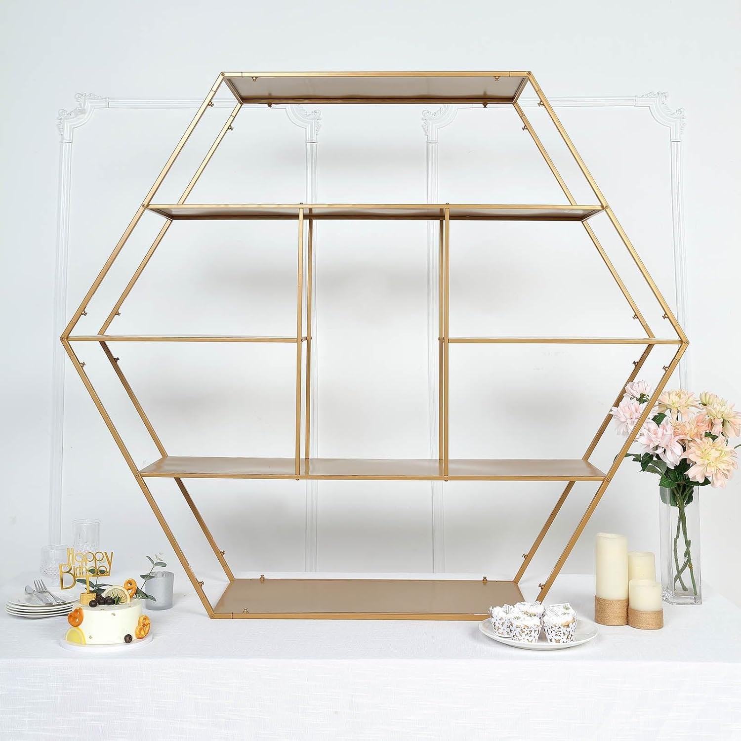 Efavormart – Soporte hexagonal grande de metal dorado para postres para tartas y postres, telón de fondo de arco de boda, estante para globos,