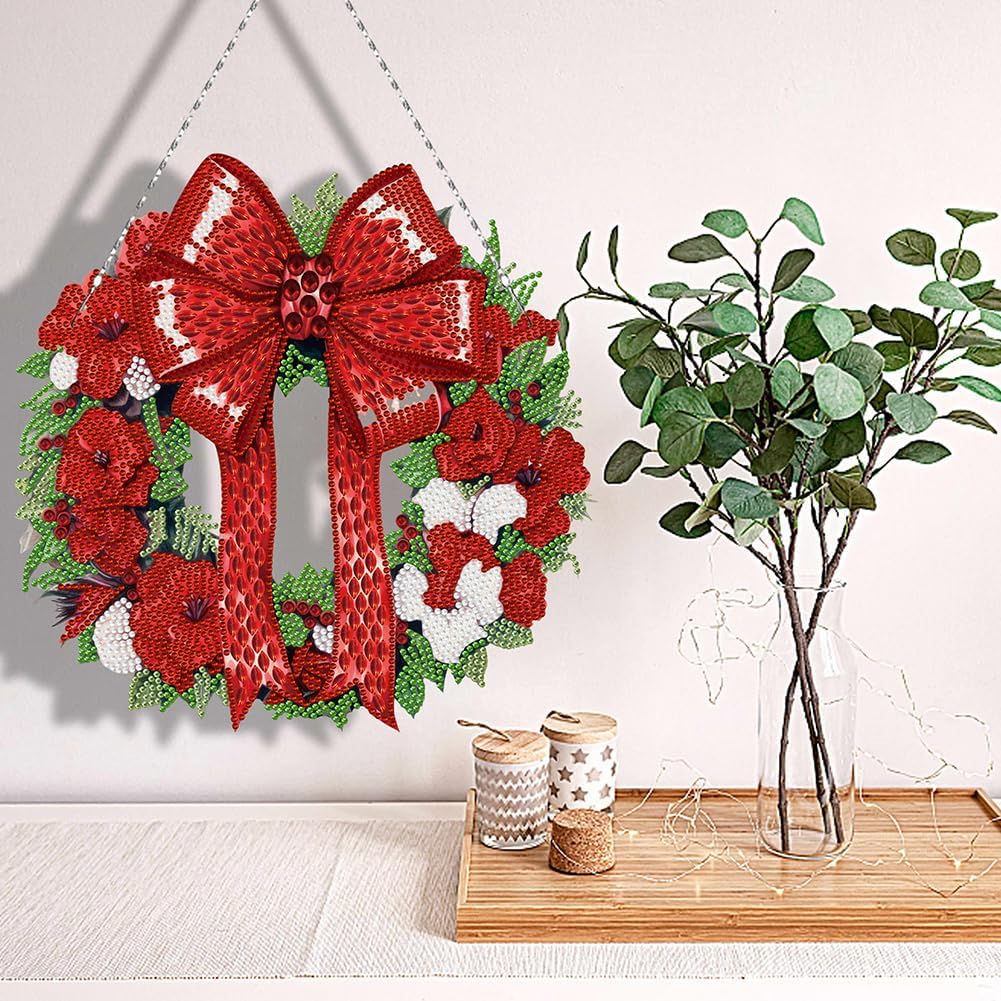 AZURAOKEY Cartel colgante de corona de pintura de diamante de Navidad, kit de corona de diamantes de imitación de cristal 5D, kits de arte de