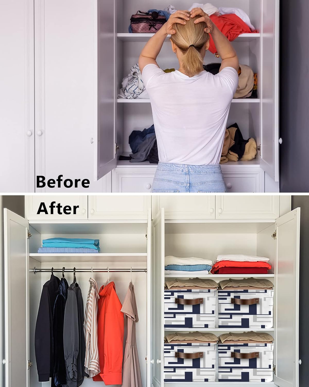 Cesta de almacenamiento azul marino y gris para organizar estantes, cajas de almacenamiento plegables con asa, cesta de lona moderna geométrica