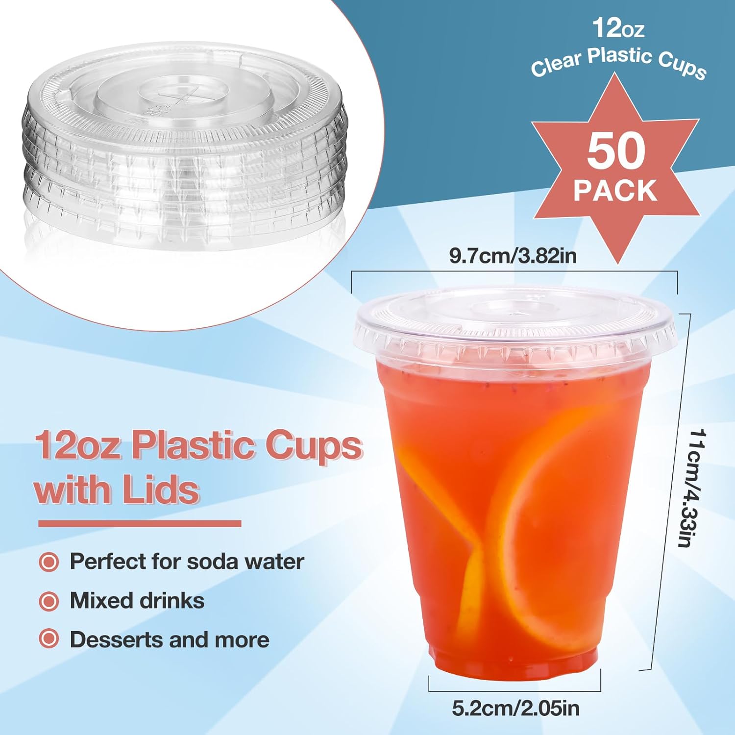 Juego de 50 vasos de plástico transparente de 12 onzas con tapas planas, vasos de plástico desechables para bebidas frías, vasos de plástico