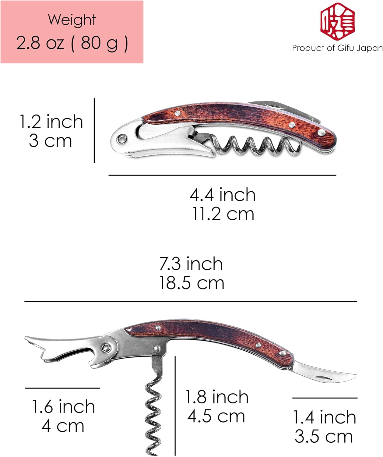 Seki Japan CRESCENT – Cuchillo profesional de camarero con sacacorchos, botellas de vino sumiller y abridor de cerveza, cuerpo de acero inoxidable,