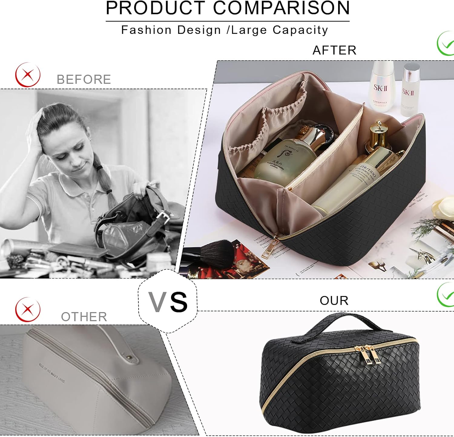 Bolsa de maquillaje mejorada de gran capacidad, bolsa de cosméticos de viaje para mujeres, bolsas de cosméticos portátiles impermeables con asa y