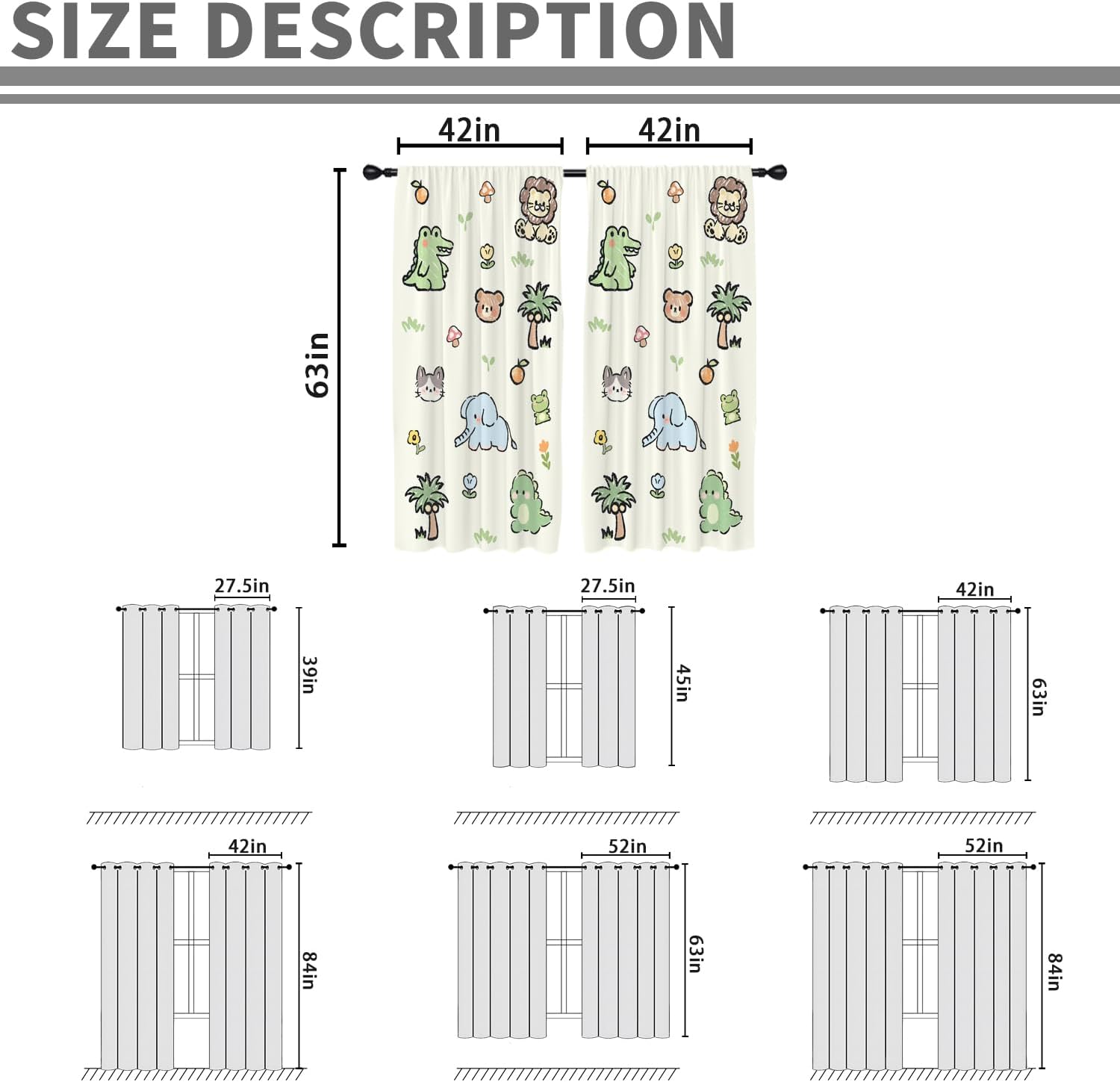 EGLGCC Cortinas infantiles para cuarto de bebé, diseño de dibujos animados divertidos de animales, bosque, león, dinosaurio, niños, 42 pulgadas de