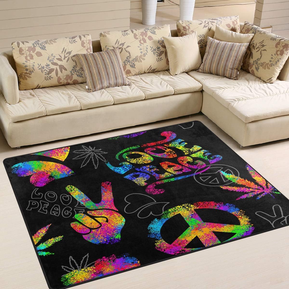 ALAZA Hippie Love Peace Sign Marihuana Leaves – Alfombra negra para sala de estar, dormitorio, 7 x 5 pies