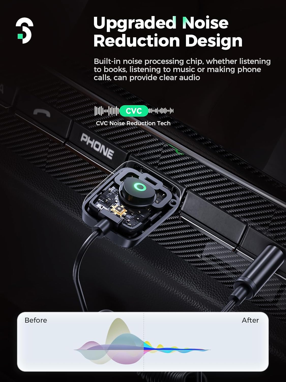 Adaptador Bluetooth 5.3 para automóvil, micrófono más fuerte y cancelación de ruido Bluetooth auxiliar de 0.138 in para automóvil con micrófono