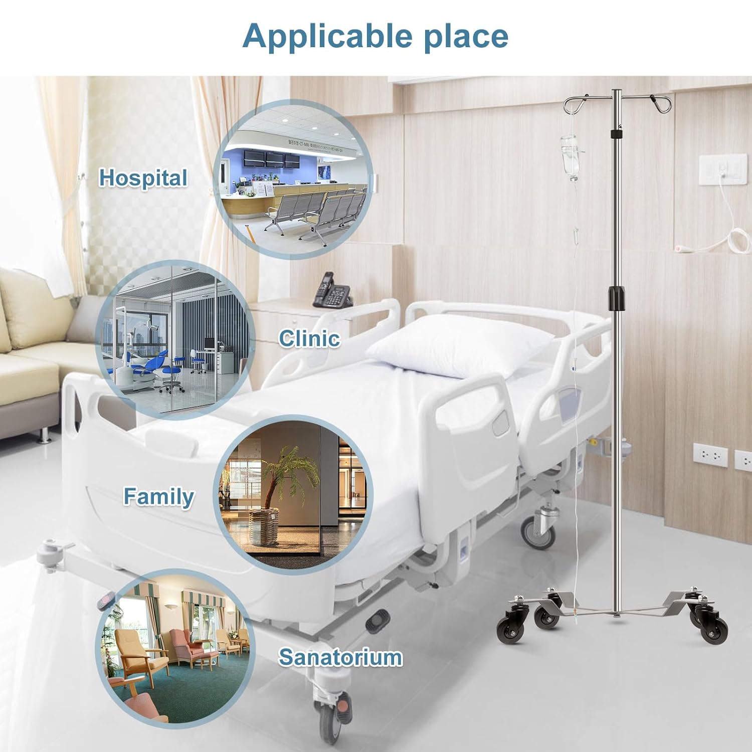 IV Postes IV Soportes 2 Ganchos 4 Patas Portátil Rodante con Acero Inoxidable Altura Ajustable 2PCS