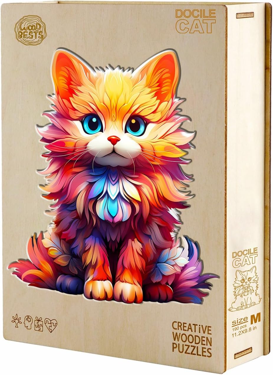 Rompecabezas de madera, con forma de gato dócil, 90 piezas de 7.9 x 6.9 pulgadas. Rompecabezas ecológico con forma de animal único, regalo de
