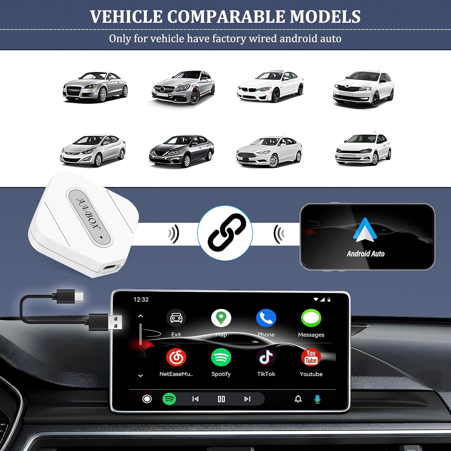 Adaptador automático inalámbrico para Android, dongle automático inalámbrico Android, teléfonos Android convierte Android Auto con cable a