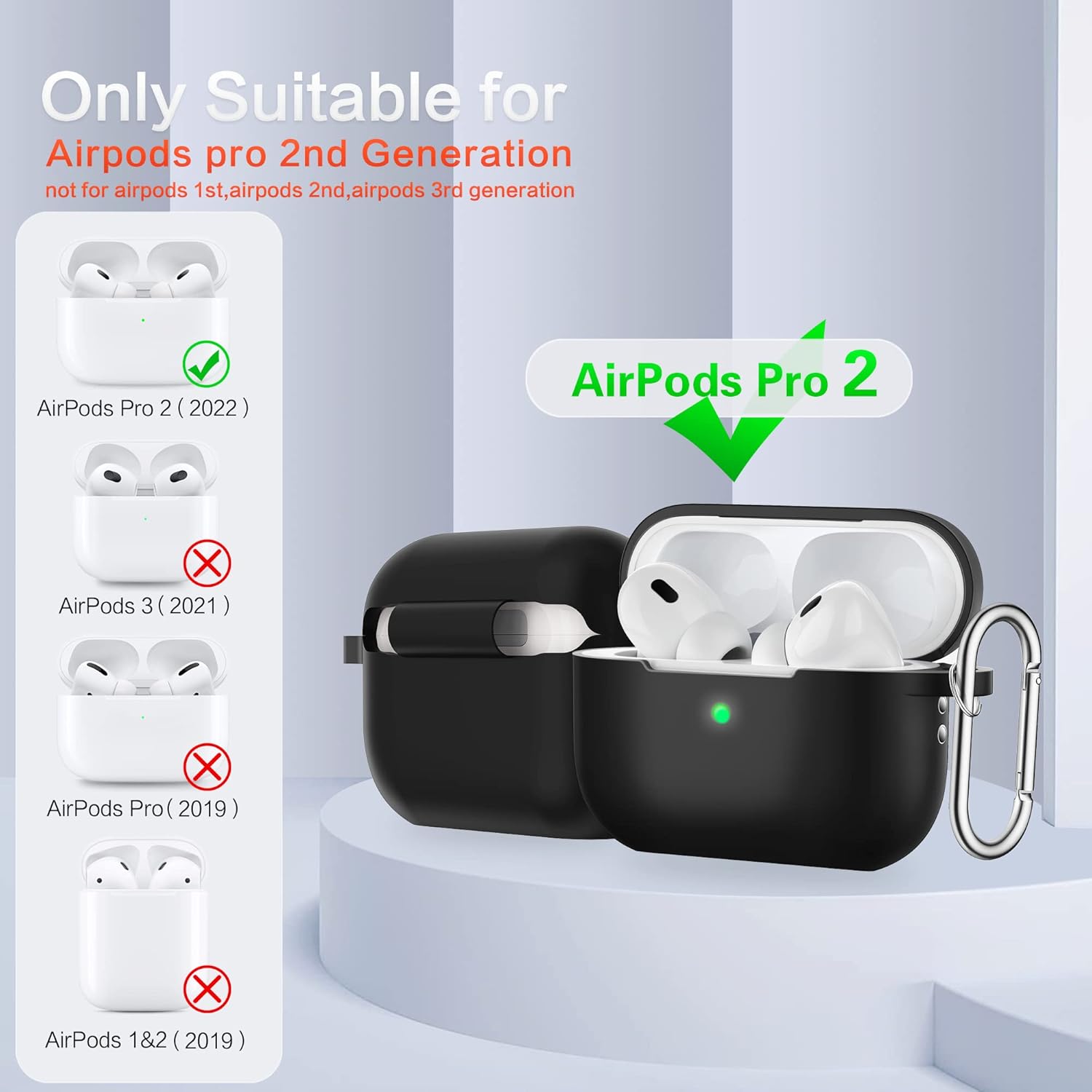Funda para AirPods Pro de 2 generación 2022 de silicona con cordón y llavero carga inalámbrica y LED frontal visible (negro)