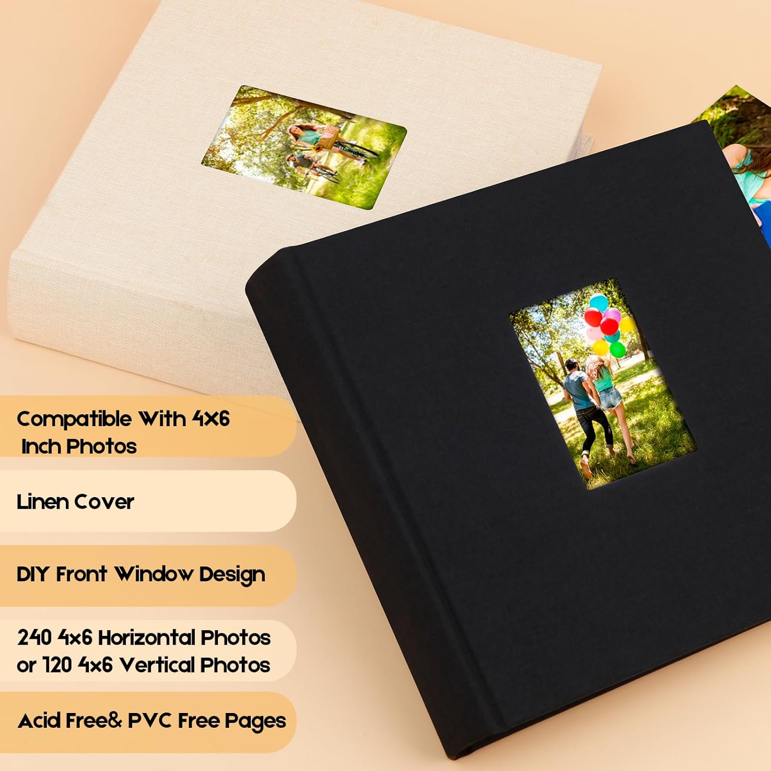 Álbum de fotos de 4 x 6 pulgadas, 240 fotos con espacio de escritura, álbum de fotos de 4 x 6 pulgadas, cubierta de lino con ventana frontal, 240