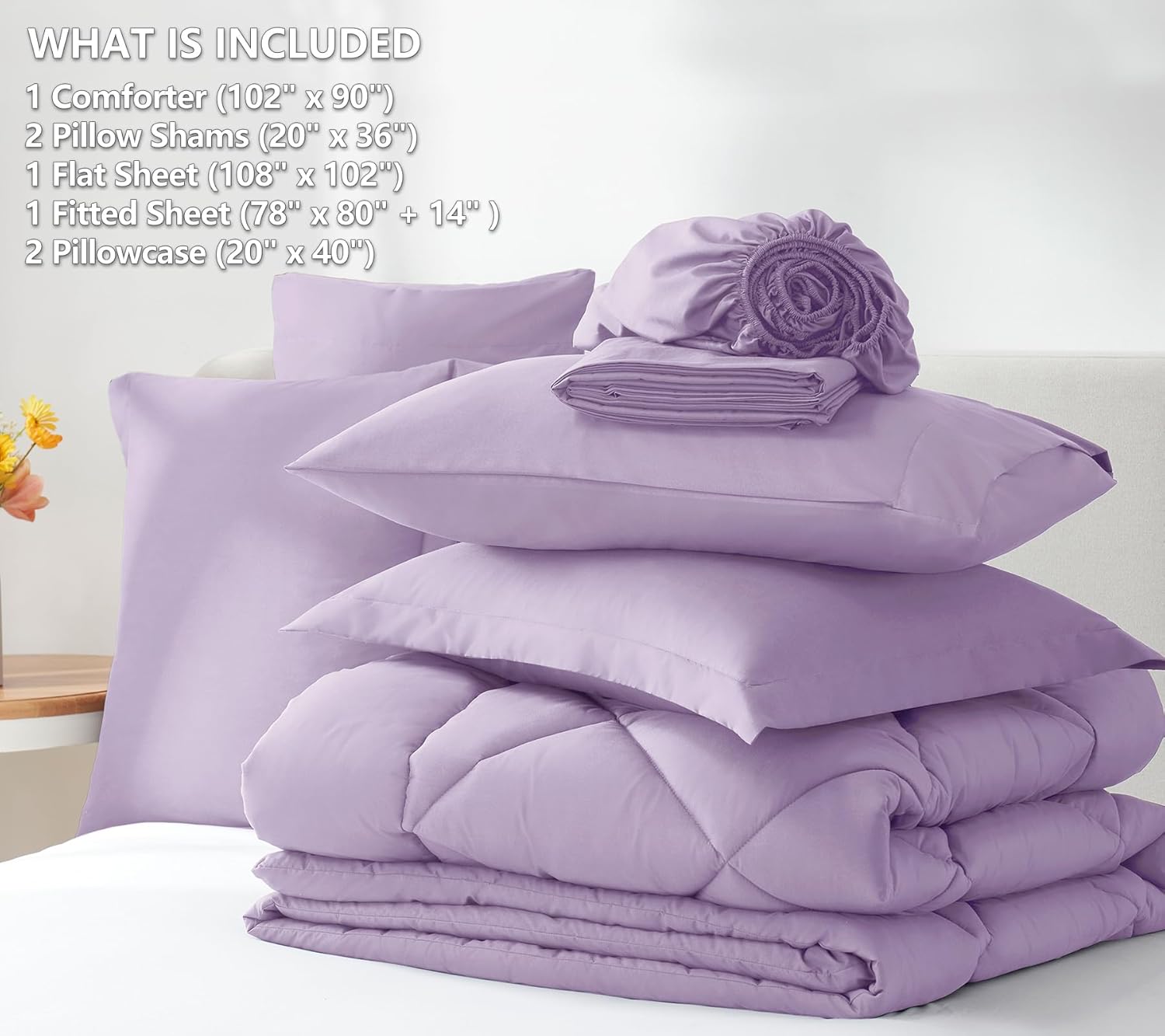 CozyLux Juego de edredón King con sábanas de 7 piezas, ropa de cama en una bolsa, color morado claro para todas las estaciones, juegos de ropa de