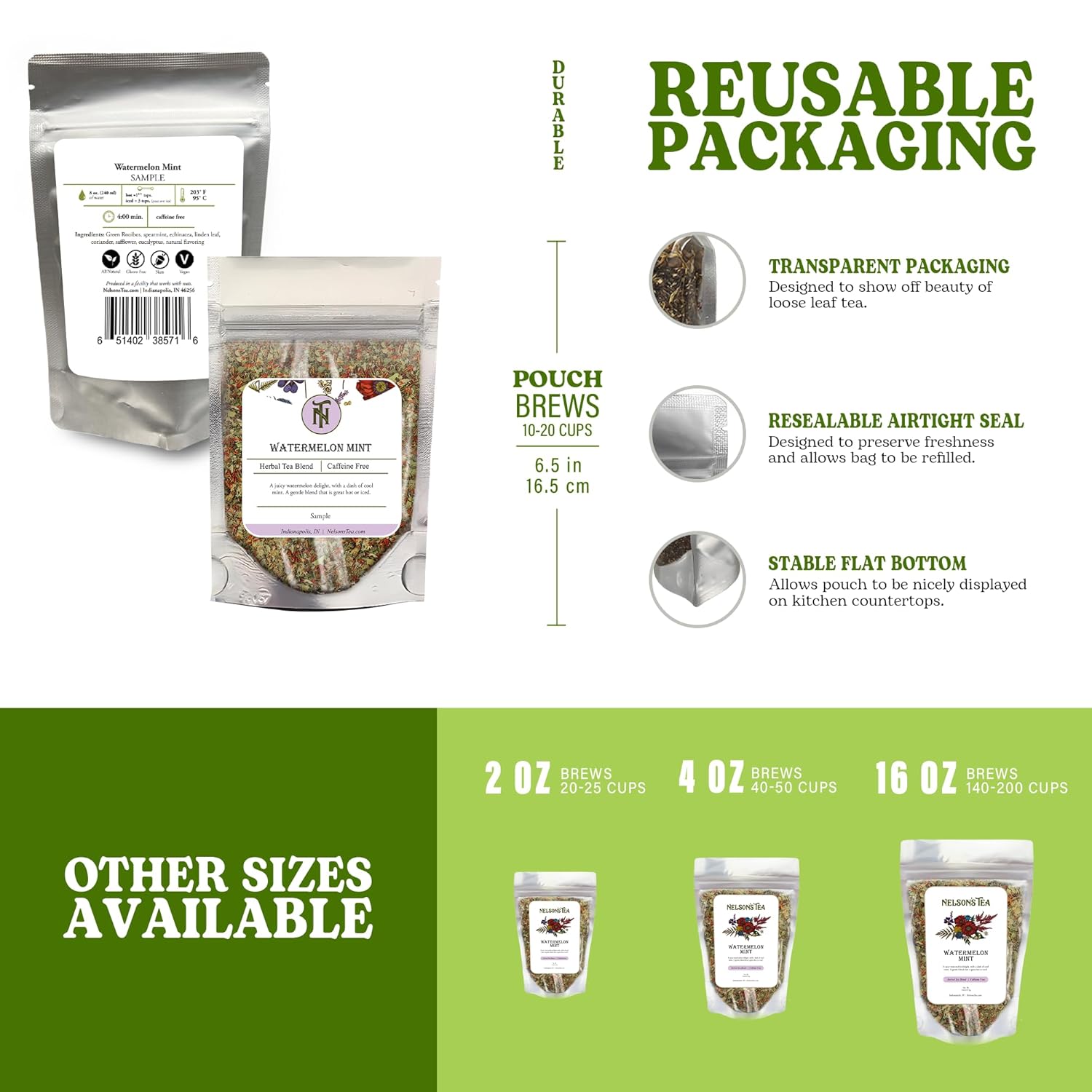 Nelson’s Tea – Menta de sandía – Rooibos verde, menta verde, equinácea, hoja de tilo, cilantro, cártamo y eucalipto (muestra)