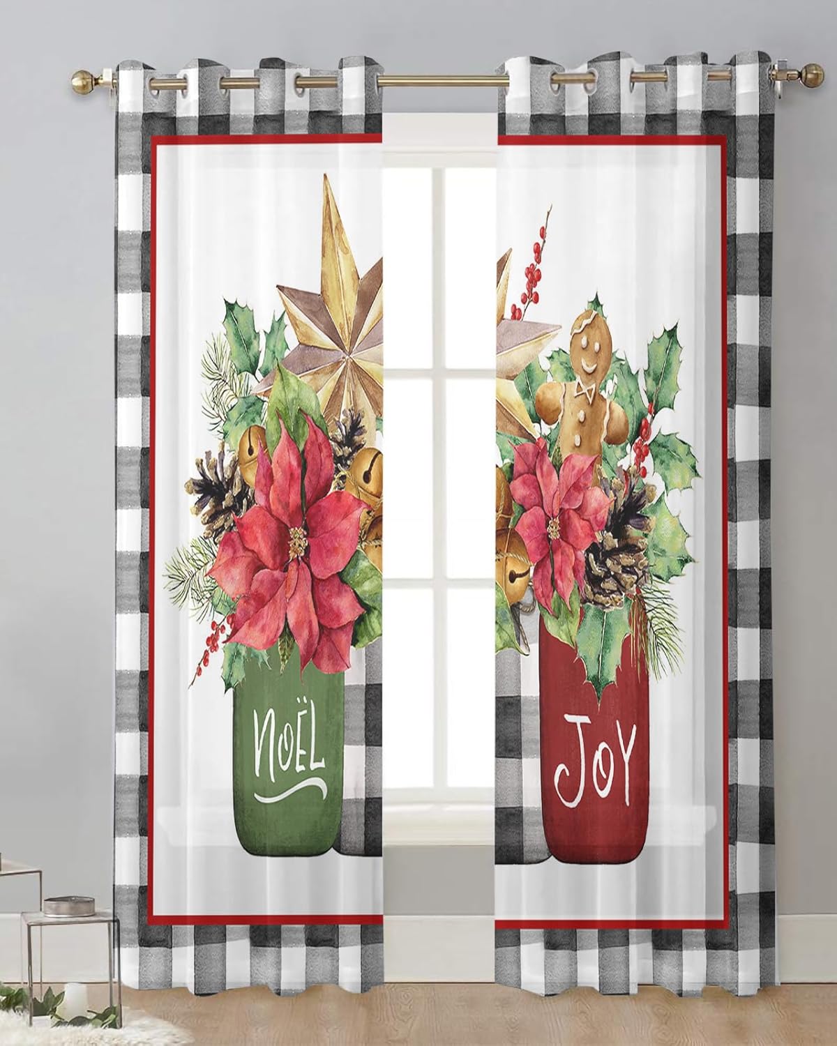 Buffalo – Cortinas traslúcidas de Navidad de 84 pulgadas de largo, juego de 2 paneles de cortinas para cocina, dormitorio, sala de estar, puerta,