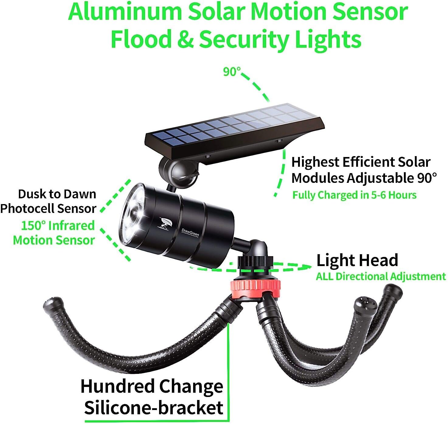Luces solares de aluminio con sensor de movimiento para acampar al aire libre, 1400 lúmenes, 9 W (equivalente a 130 W), focos de emergencia LED para