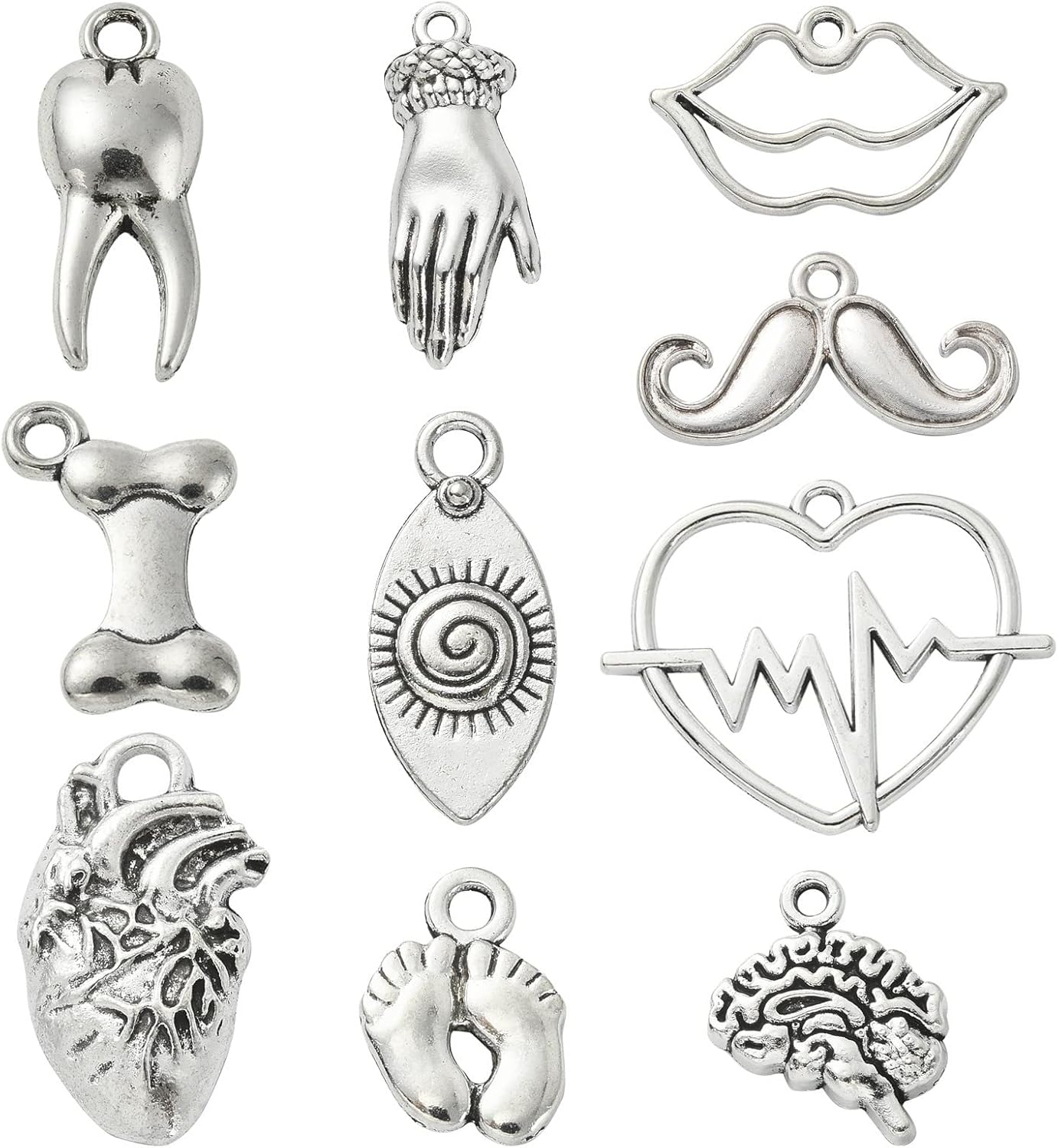 KitBeads 100 dijes tibetanos para partes del cuerpo, estilos mixtos, corazón, pie, hueso, diente, labio, cerebro, dijes de plata antigua para hacer