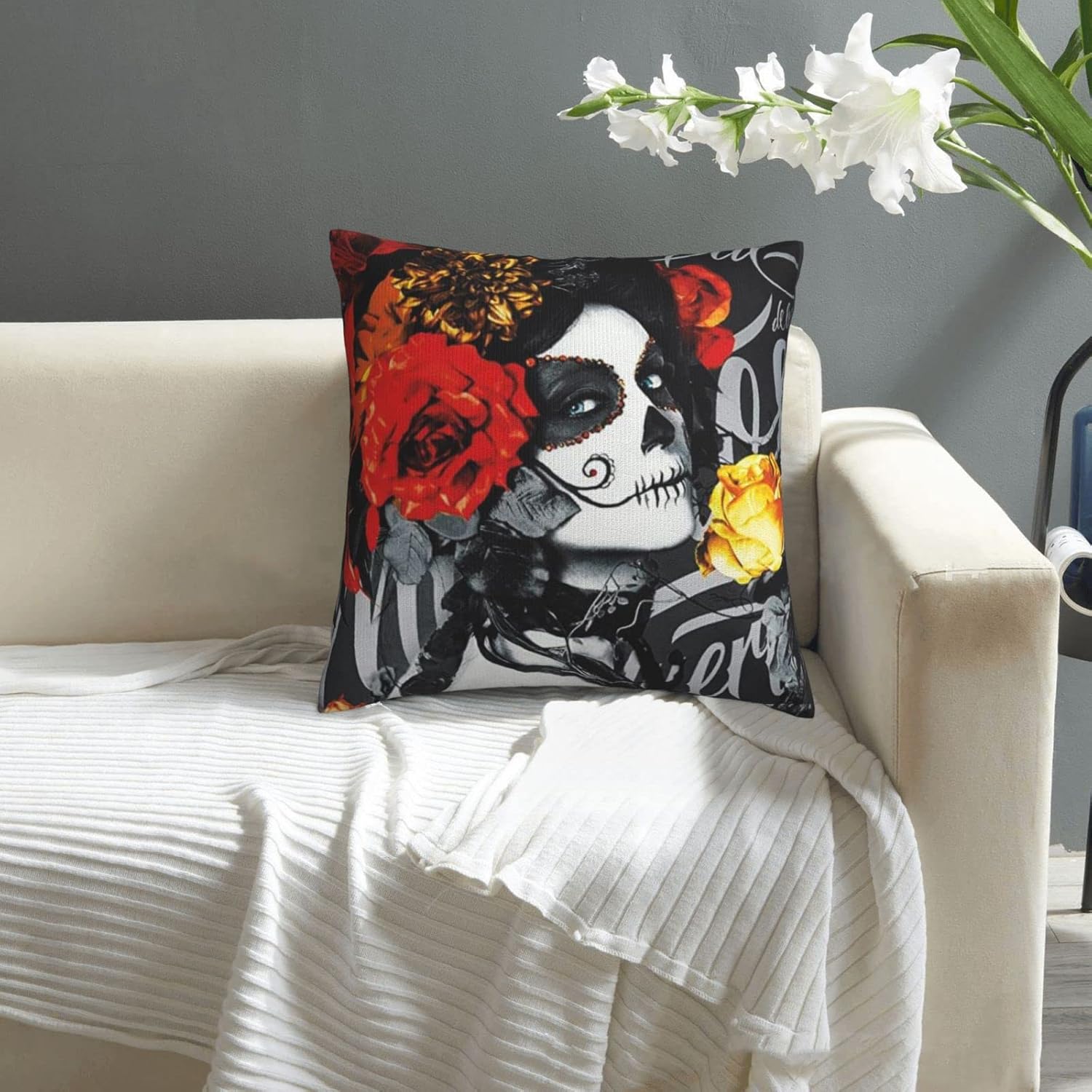 Funda de almohada decorativa de calavera de azúcar, funda de cojín cuadrada para sofá, cama, silla de automóvil, sala de estar, 18 x 18 pulgadas