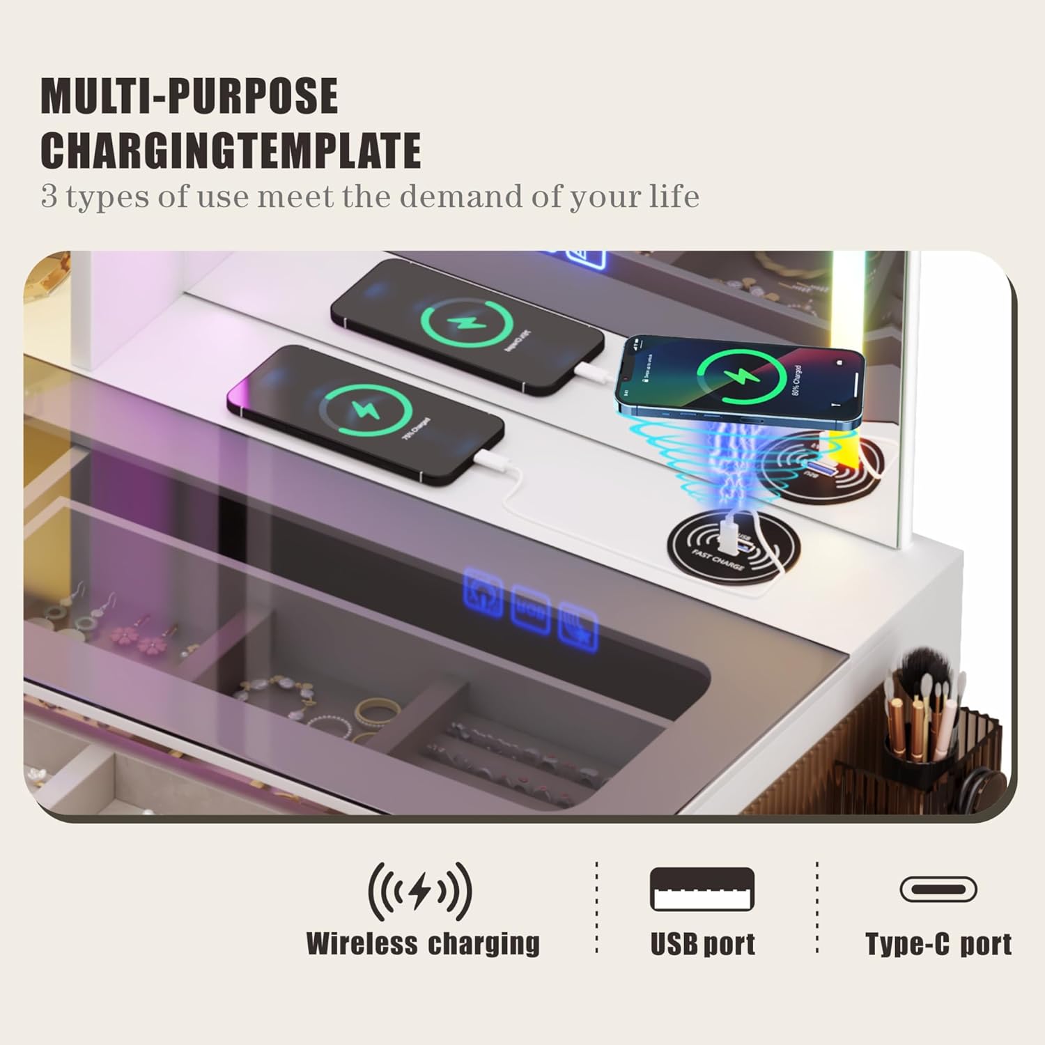FREDEES Escritorio de tocador con espejo y luces RGB, juego de escritorio de tocador con parte superior de vidrio glamoroso y estación de carga USB,