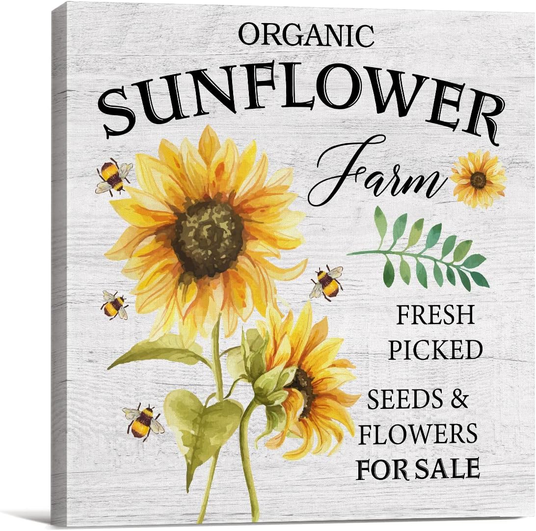 Lienzo impreso con diseño de girasol campestre para pared, letrero de escritorio, letrero de girasol orgánico, cita de granja, póster enmarcado de 8