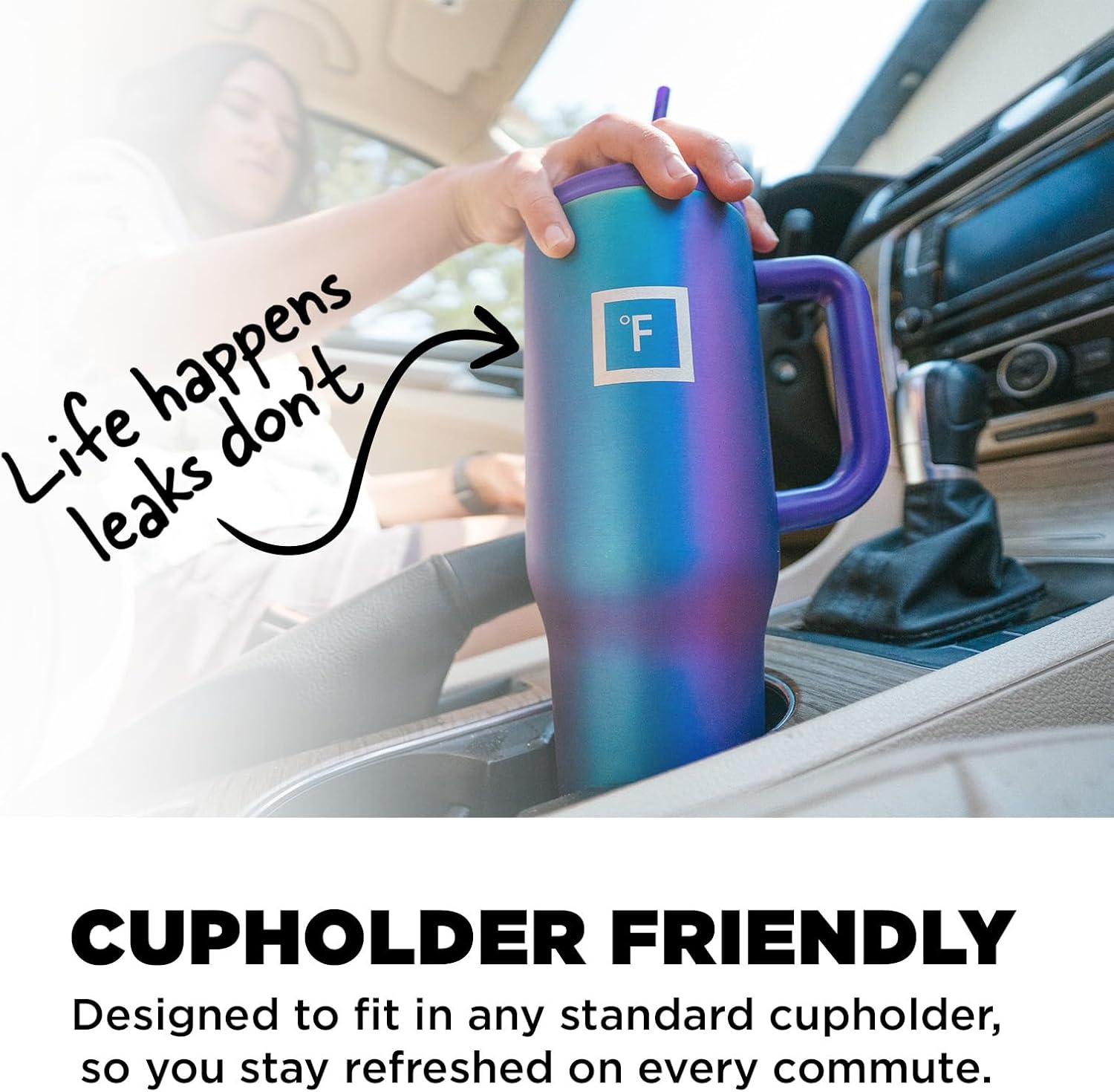 IRON FLASK Co-Pilot – Vaso aislado con popote y tapas abatibles, botella portavasos, para bebidas calientes y frías, a prueba de fugas, agua, taza
