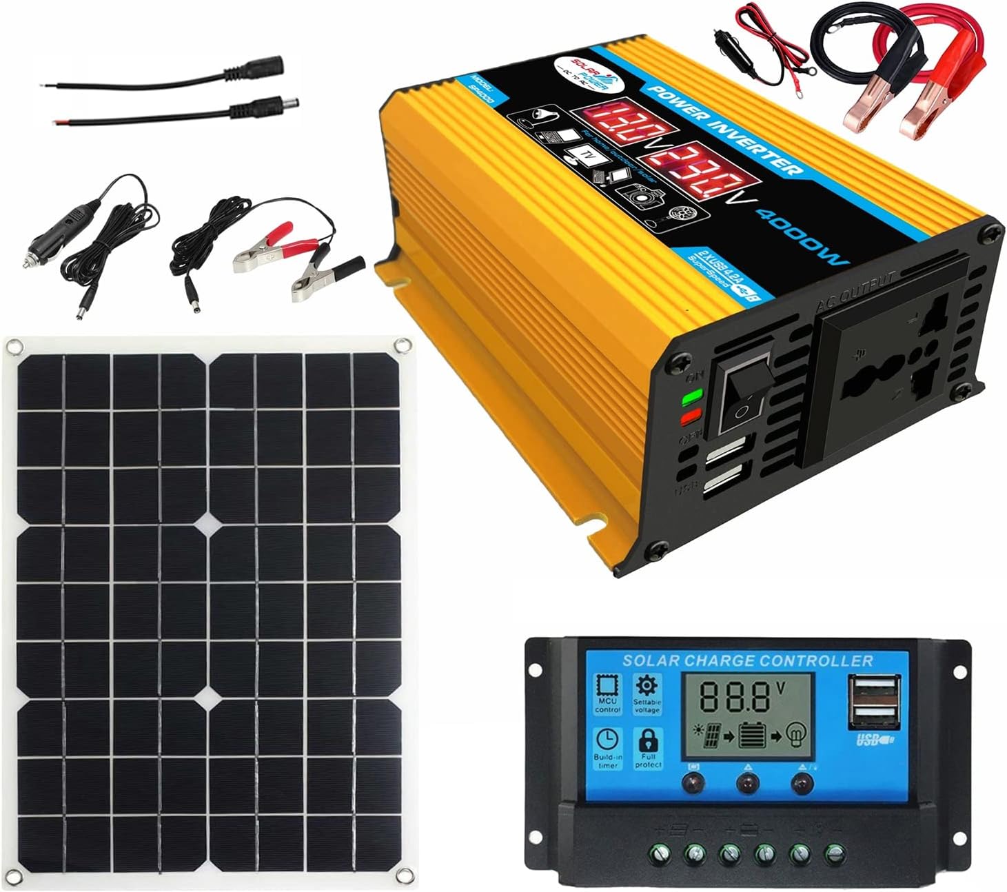 Weytoll Sistema de panel solar de 18 V, 20 W, panel solar, controlador de carga de 30 A con kit de inversor solar de automóvil USB dual, fuente