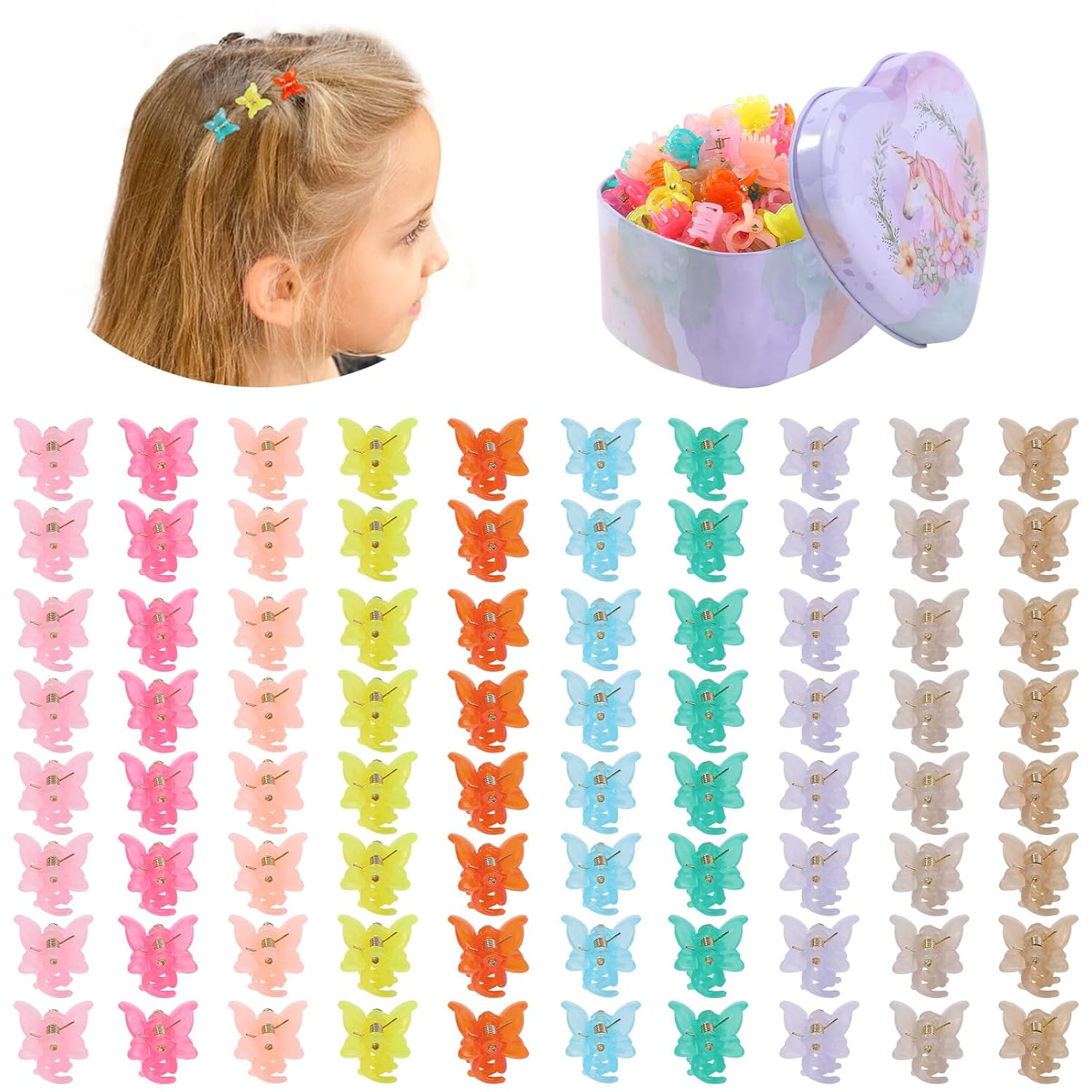Choicbaby 80 mini pinzas de mariposa para el cabello para niñas, 10 colores, 90, mini pinzas para el cabello con caja, pinzas de garra para niños,