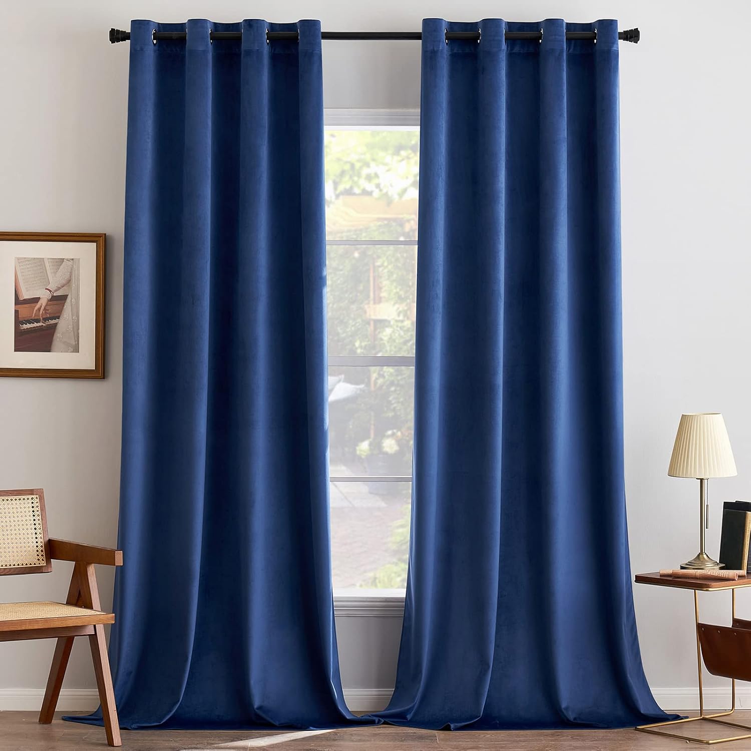 ANRODUO Cortinas de terciopelo azul oscuro de 84 pulgadas de largo, aisladas, insonorizadas, para sala de estar, cortinas de ventana con ojales para