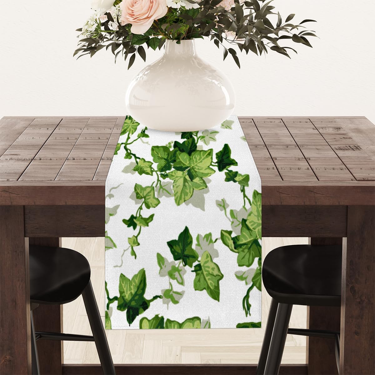 Camino de mesa de hojas de acuarela, mantel de lino rústico para cocina de granja, cena, eventos, fiesta, decoración de mesa de vacaciones, 13 x 120