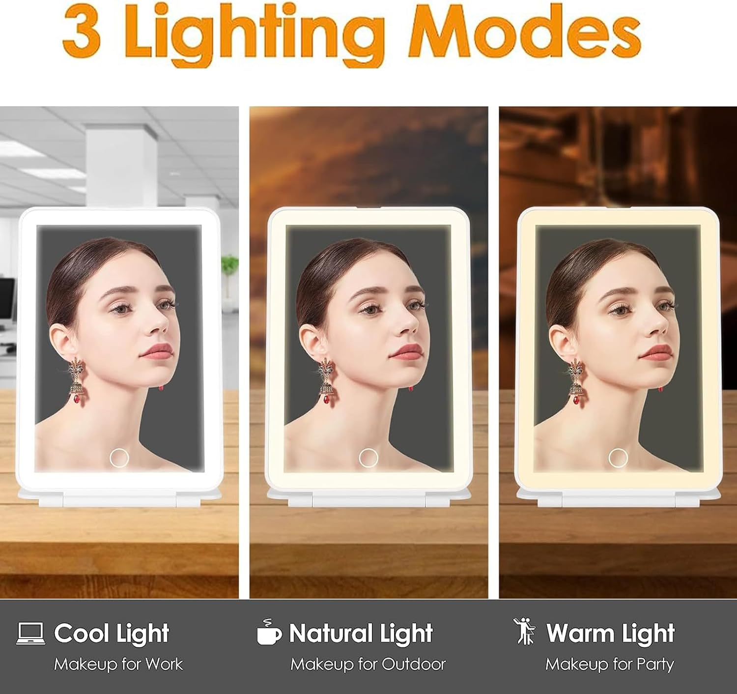 BessAnty Espejo de maquillaje de viaje recargable con luz, espejo de tocador con iluminación de 3 colores, espejo de maquillaje portátil ultra
