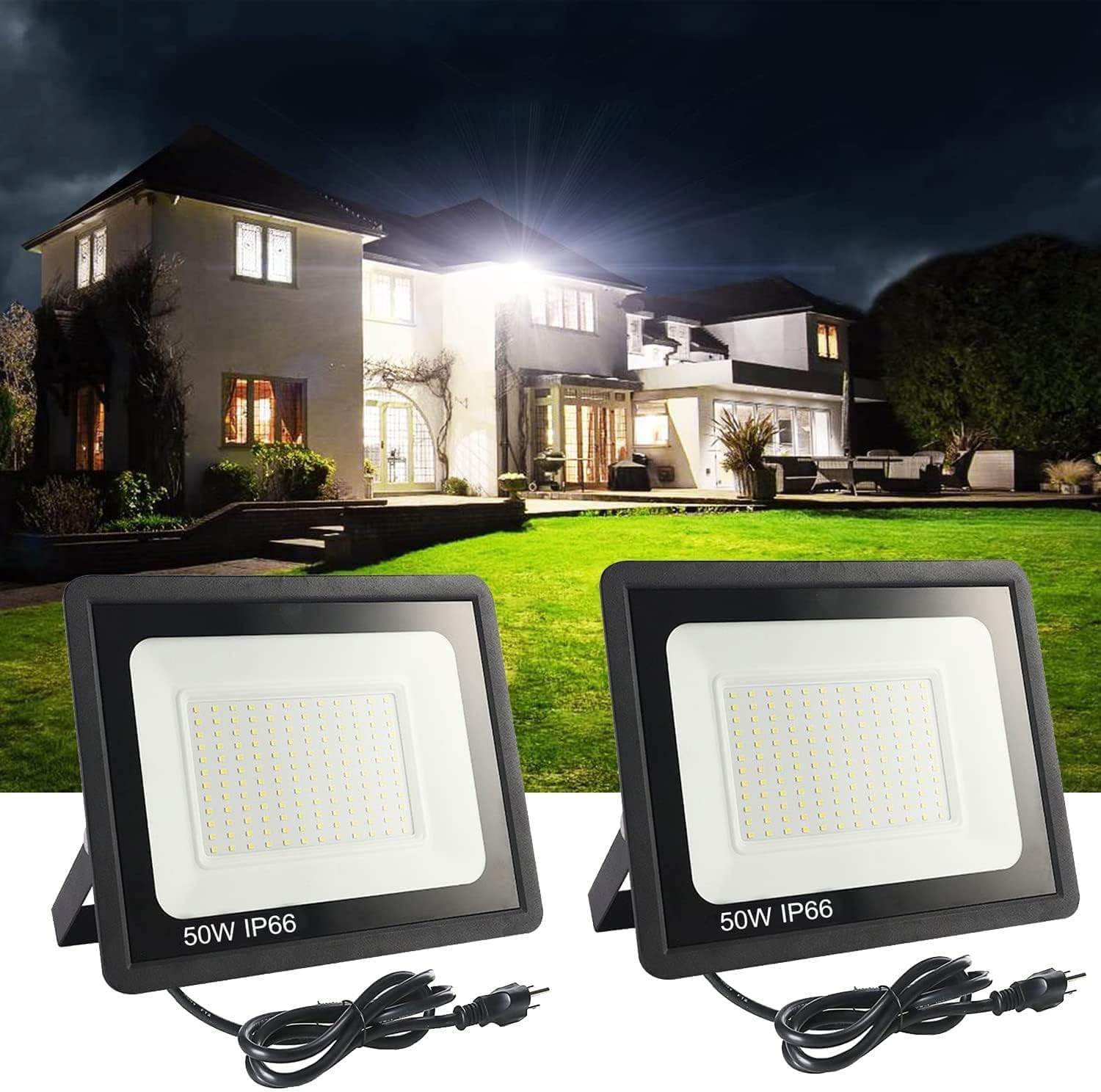 Paquete de 2 luces LED de inundación para exteriores, luz de trabajo LED de 50 W, 5500 lm con enchufe de 6 pies, luces de seguridad exteriores