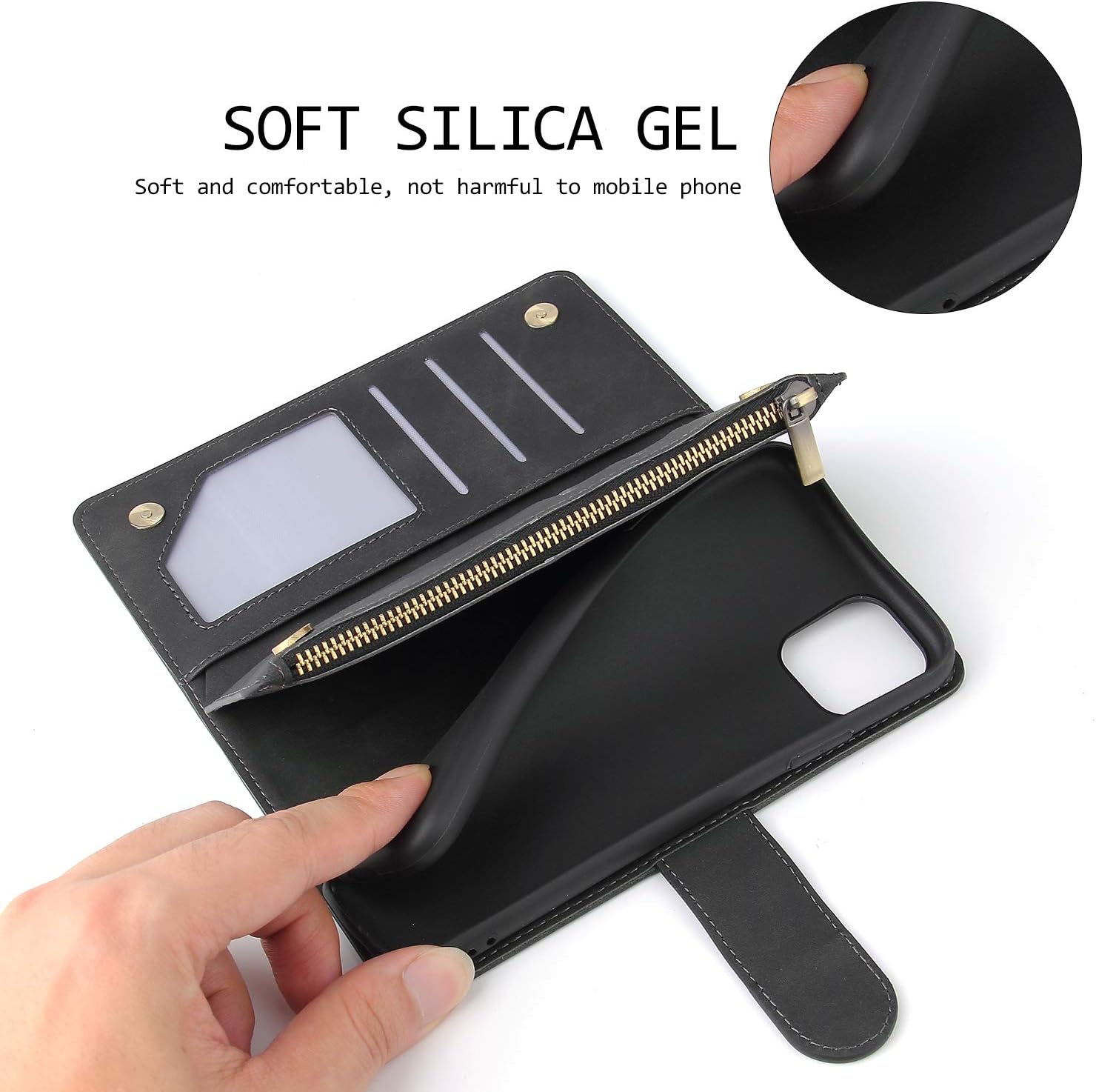 UEEBAI Wallet Case for iPhone 11 6.1 inch, Premium Vintage PU Leather Magnetic Closure Handbag Zipper Pocket Case Kickstand Card Slots with Wrist