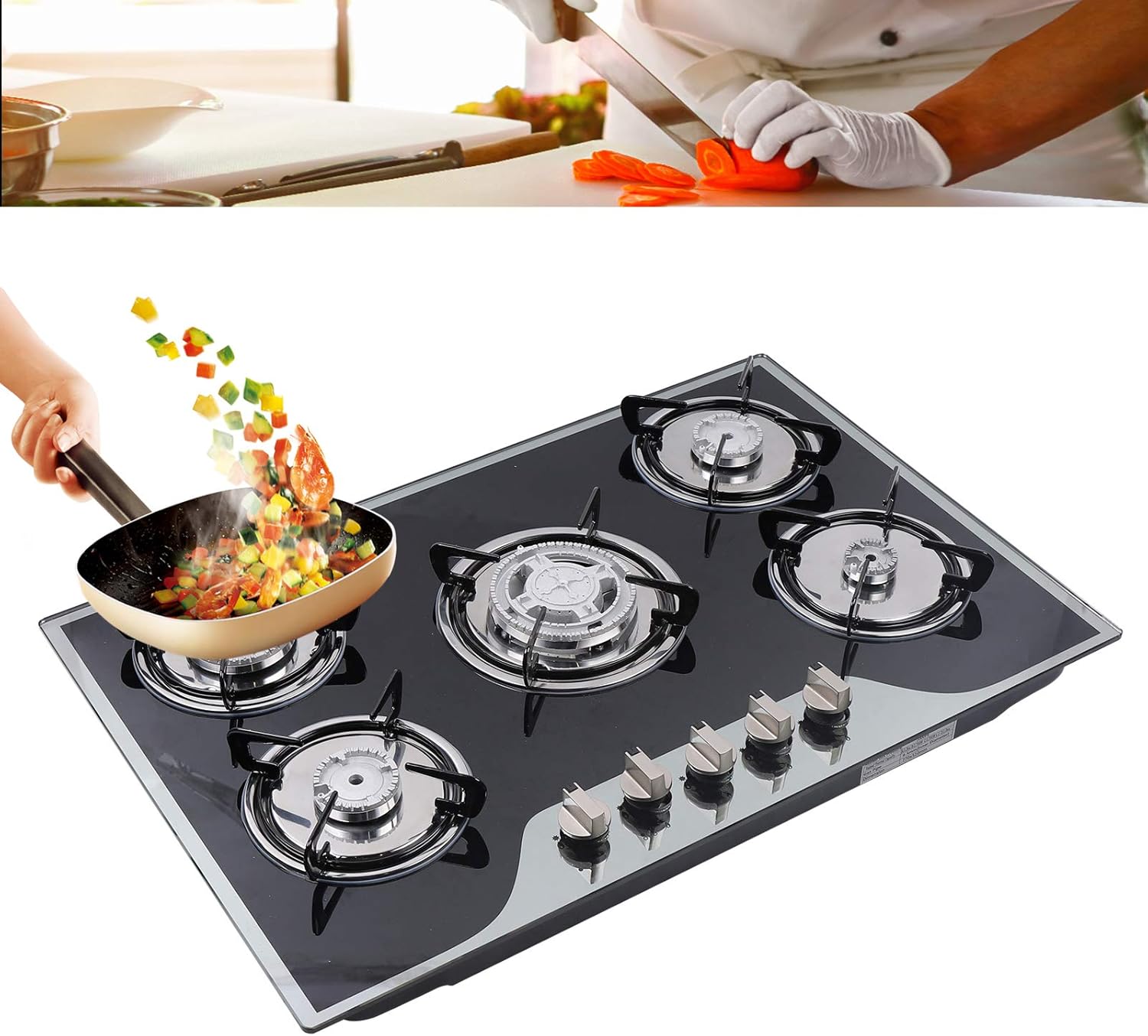 Panel de vidrio templado negro de 15 pulgadas, placa de gas LPG integrada, placa de cocina portátil de gas LPG, encimera de cocina de gas doble para