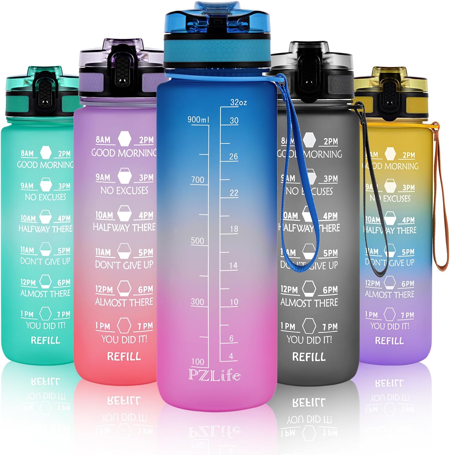 PZLife Botella de agua deportiva sin BPA, a prueba de fugas, 32 onzas, con escala de tiempo y colador de frutas, sabor no plástico, reutilizable,