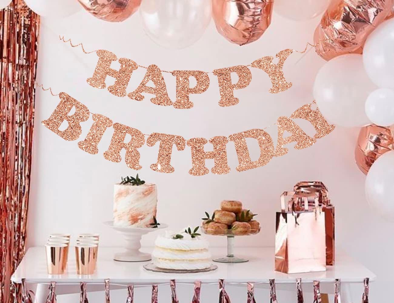 Cartel de feliz cumpleaños con temática de oro rosa, decoración de fiesta de cumpleaños temática de oro rosa, decoraciones de gran tamaño con