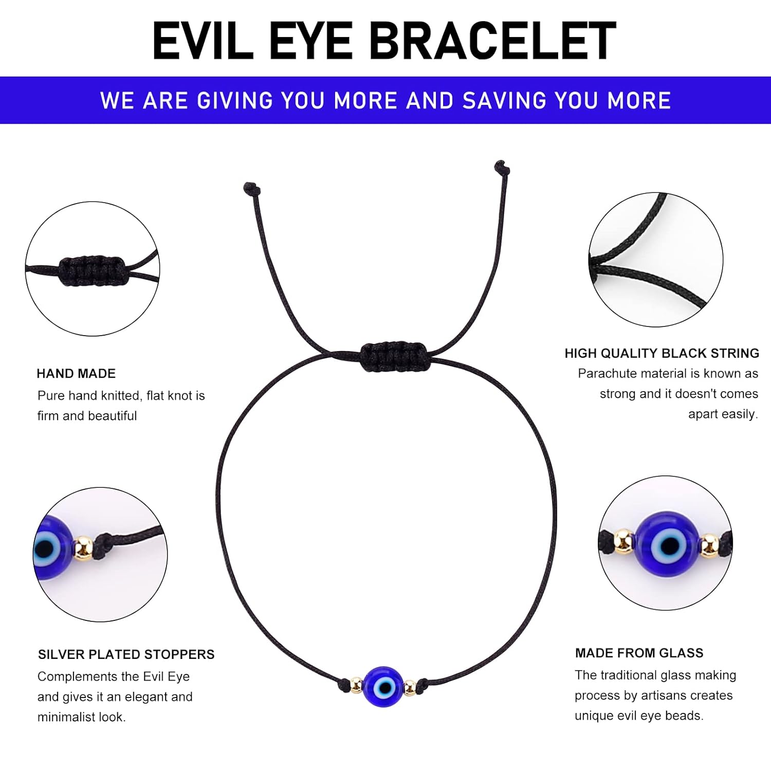 Evil Eye Bracelet Anklet Black Red String Lucky Protection Handmade Adjustable Bracelets for Women Men Boys Girls (Black string blue eye gold)