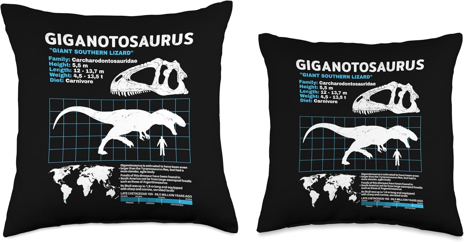 Dinosaur fact sheets Dinosaur Fossils data sheet Sábana, almohada de dinosaurio Giganotosaurus, 16 x 16 pulgadas, multicolor