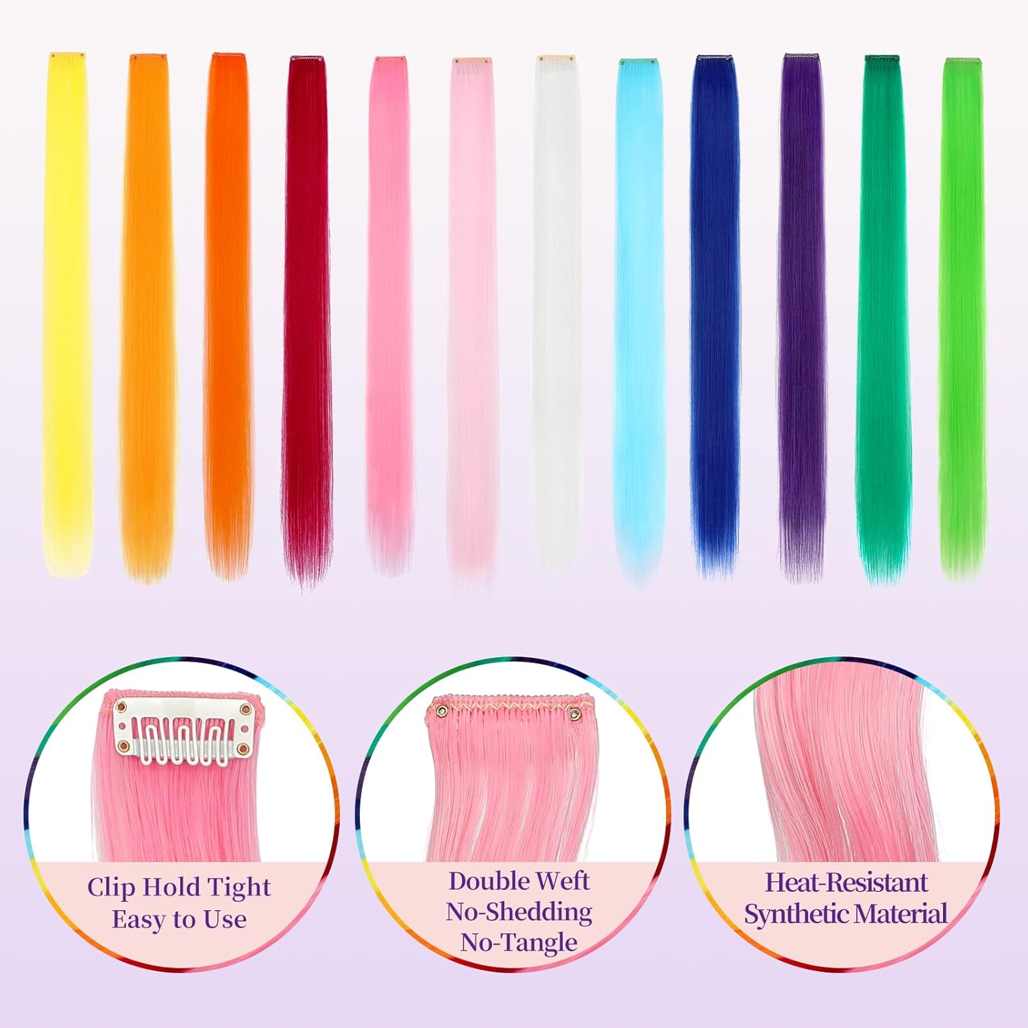 Extensiones de cabello de colores 12 piezas de 24 pulgadas con clip, arco iris, multicolor, para fiesta, largo, lacio, sintético, para mujeres,
