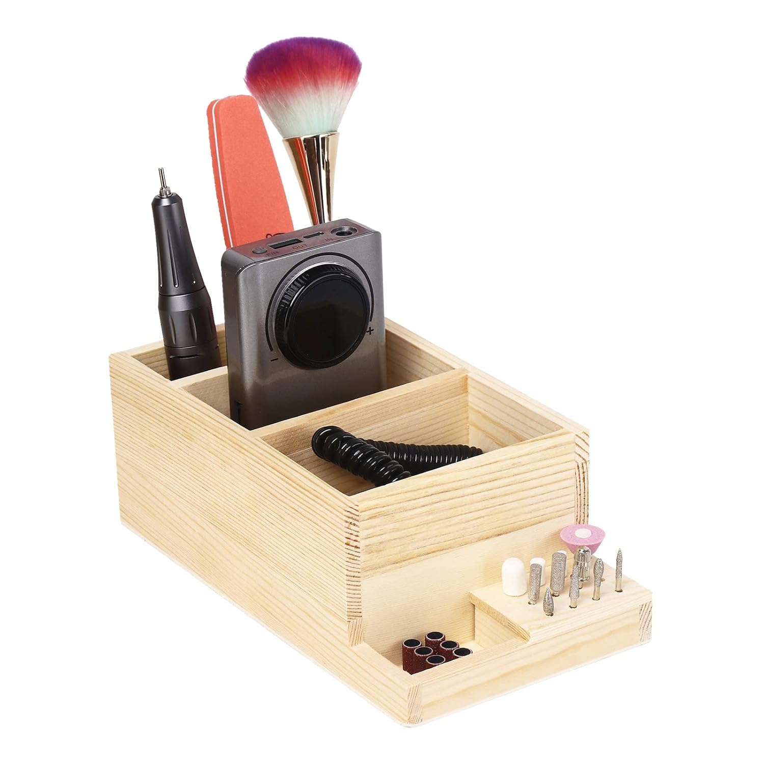 Máquina de taladro de uñas de madera y caja de almacenamiento de brocas (grande), organizador ecológico duradero para herramientas de manicura,