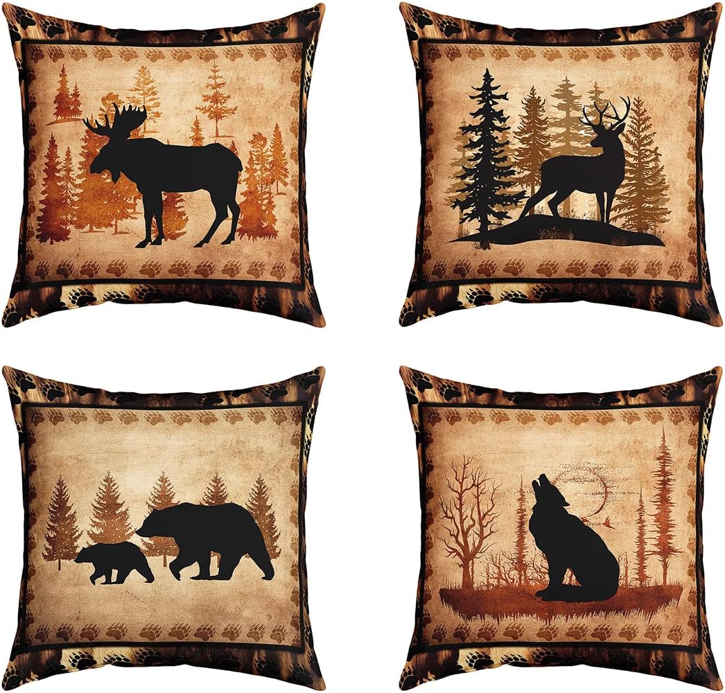 Juego de 4 fundas de almohada vintage de oso, funda de cojín de caza de ciervos de cabaña para decoración del hogar, sala de estar, funda de cojín