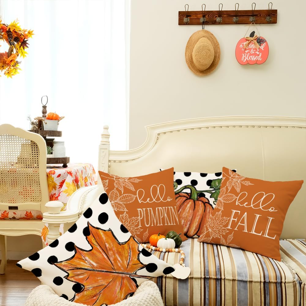 GEEORY Juego de 4 fundas de almohada de otoño de 18 x 18 pulgadas, diseño de hojas de arce con diseño de calabaza y texto en inglés “Hello Pumpkin”,