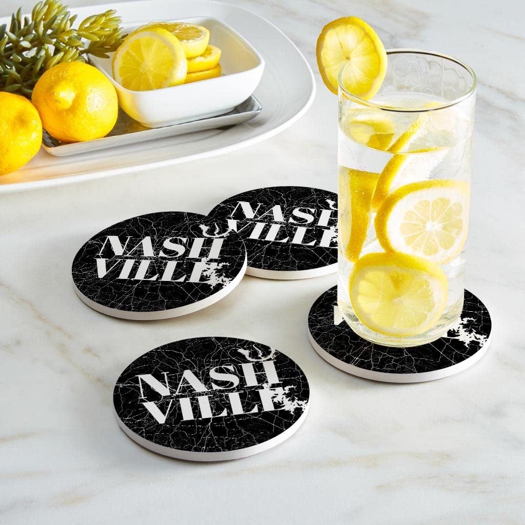 Minimalista B&W Tennessee Nashville Map, Joyride Home Decor, 4 posavasos de cerámica, posavasos circulares de 4 pulgadas, juego de 4, parte trasera