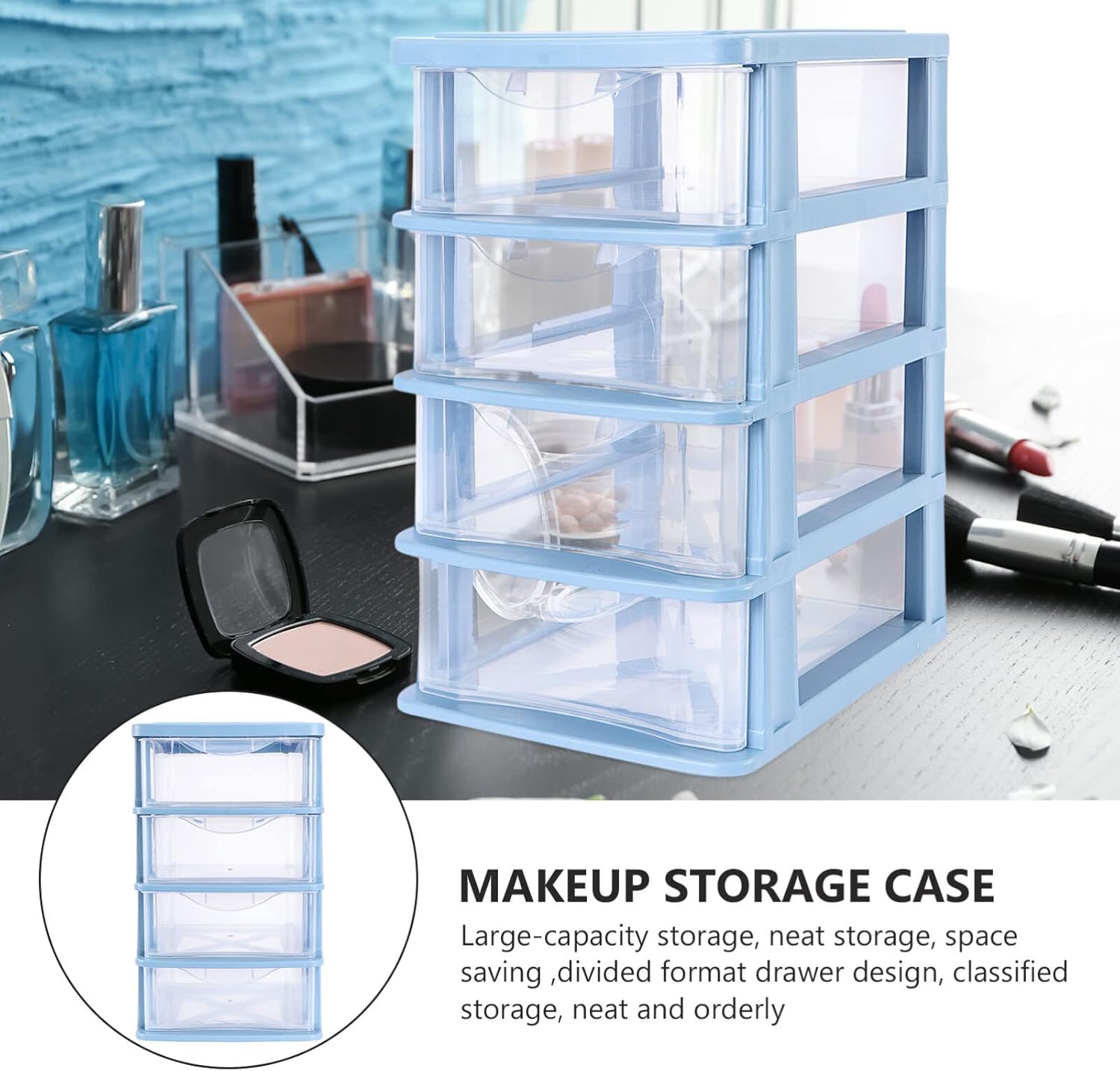 Organizador de maquillaje Cajón 1pc 3 Cajón Organizador de almacenamiento de escritorio Caja de almacenamiento de plástico azul