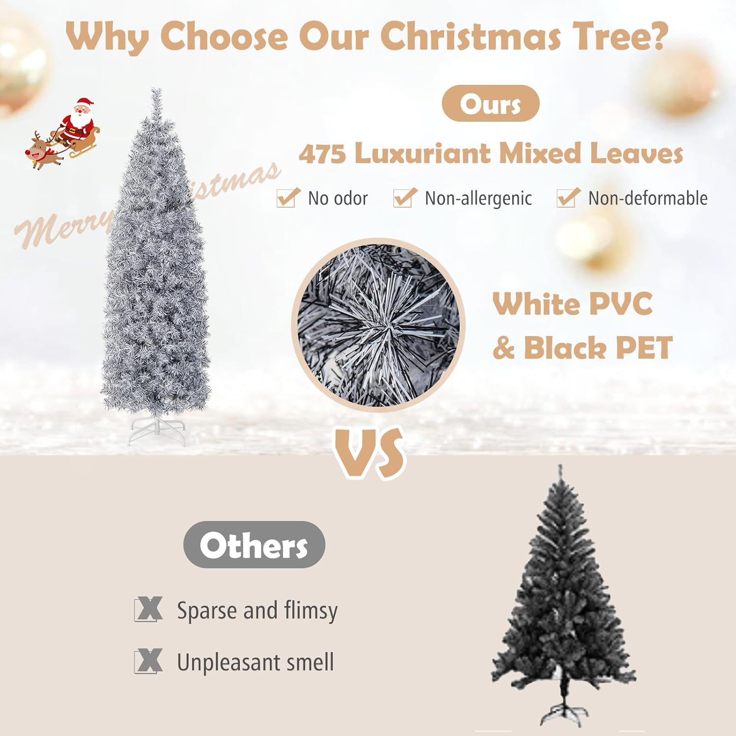 HAPPYGRILL Árbol de Navidad artificial preiluminado de 6 pies, árbol de Navidad con bisagras con 475 puntas de rama, 250 luces LED blancas frías,