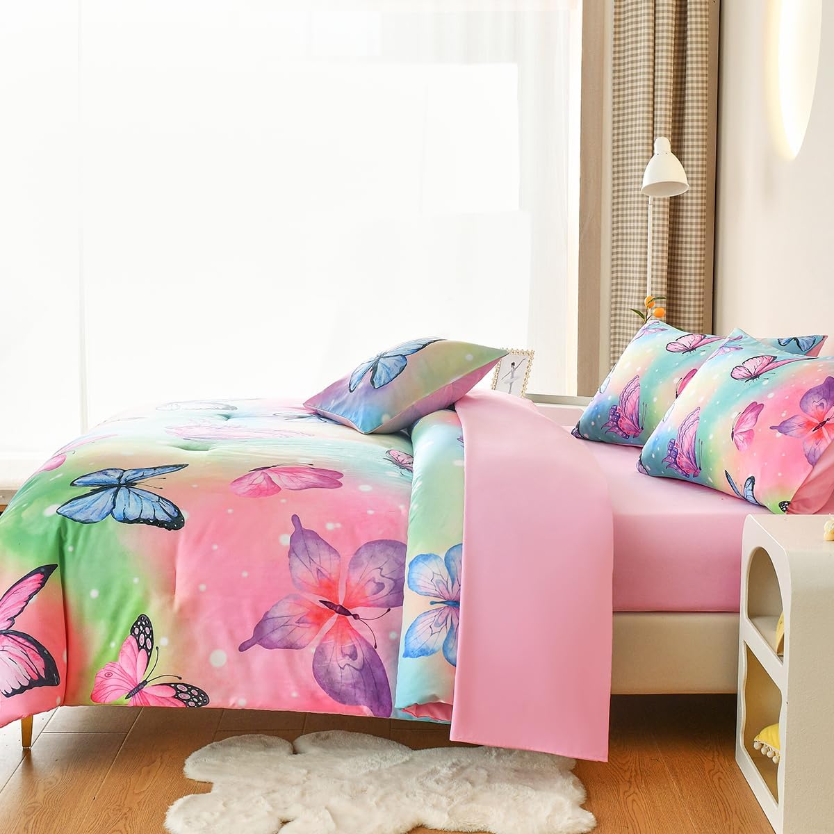 Tasselily Juego de ropa de cama de mariposa tamaño matrimonial, juego de edredón de mariposa rosa para niñas, niños y adolescentes, 6 piezas de cama