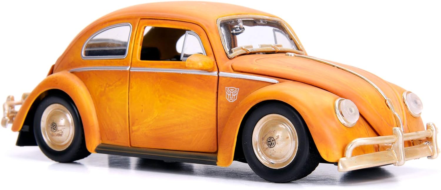 Jada Toys 253115000 Transformers Bumblebee VW Beetle Coche de juguete de fundido, puertas abiertas, bota y capó, figura de Charlie, escala 124,