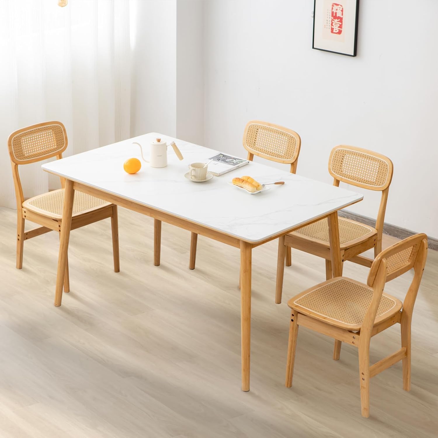 Giantex Juego de 4 sillas de comedor de ratán, sillas de cocina de caña bohemia, carga máxima de 300 libras, sillas de comedor sin brazos de bambú